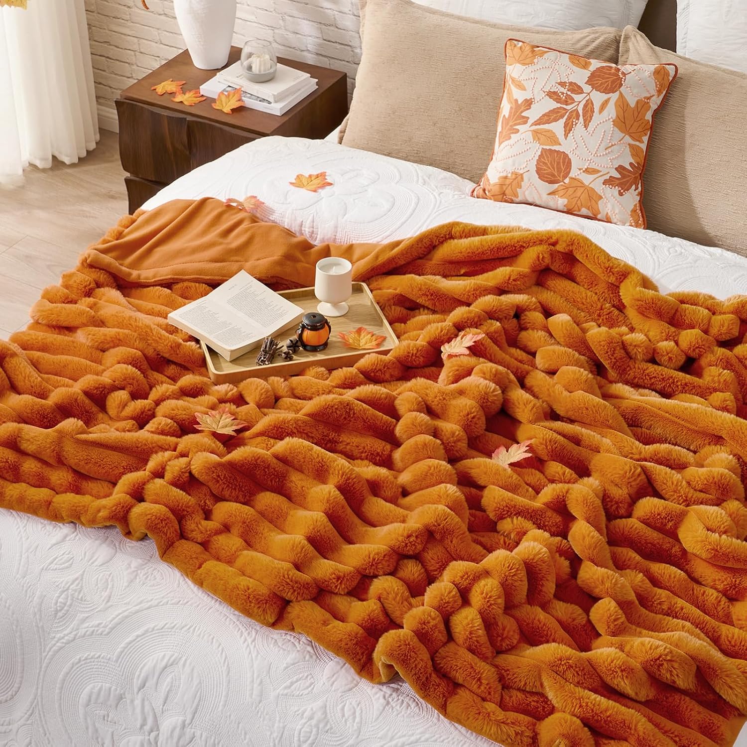 Cozy Bliss Faux Fur Throw Blanket for Couch, Cozy Warm Plush Striped Blanket for Sofa Bedroom Living Room, 50 * 60 Inches Burnt Orange - Image 7
