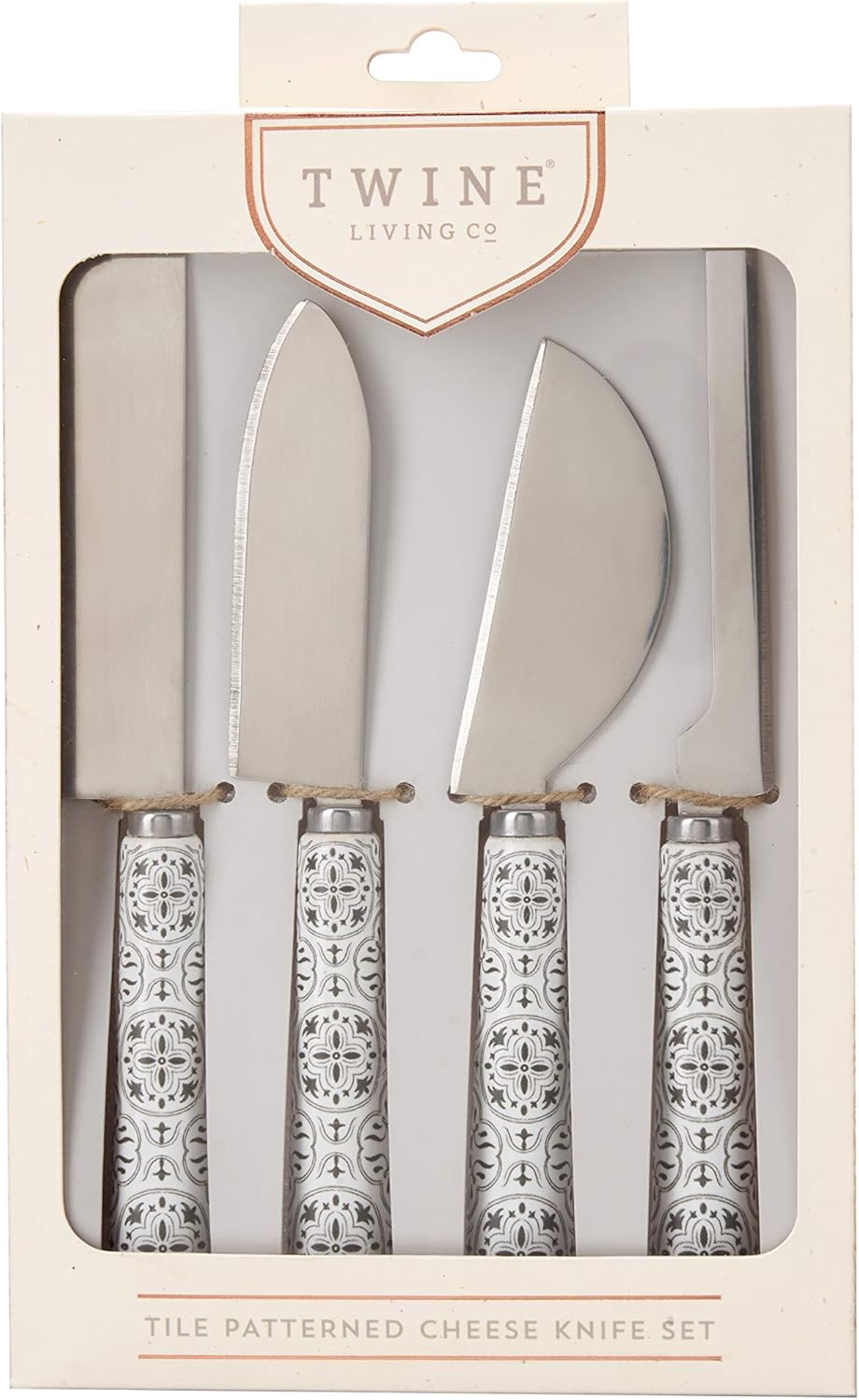 Twine 4 Piece Cheese Knives Set with Ceramic Tile Pattern Handles, For Hard and Soft Cheese, Bread and More, Stainless Steel Blades