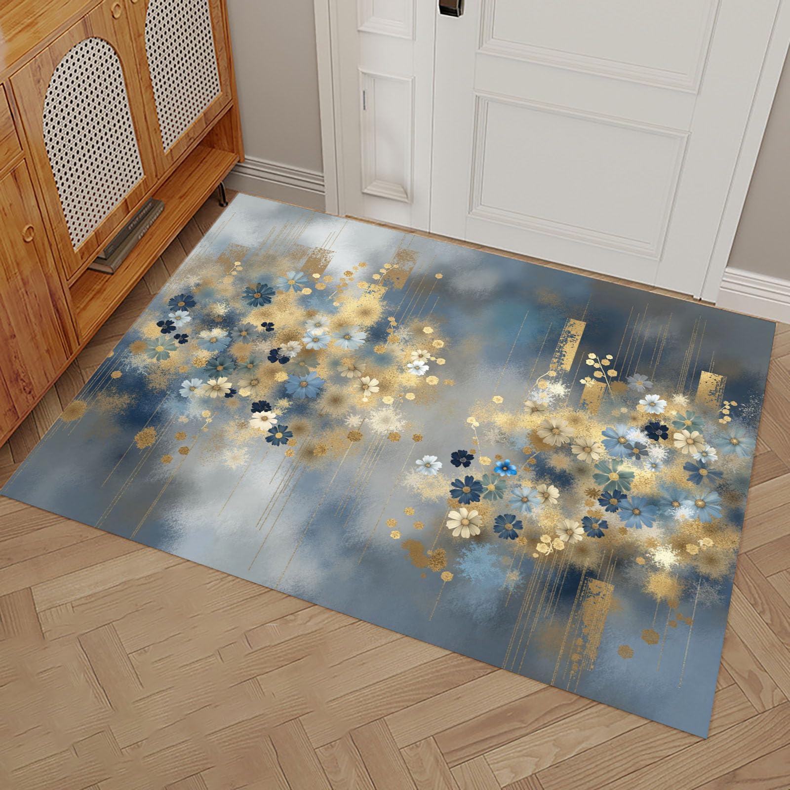 Tapis d'entrée absorbant et lavable avec motif feuille d'or florale antidérapant 80x120cm