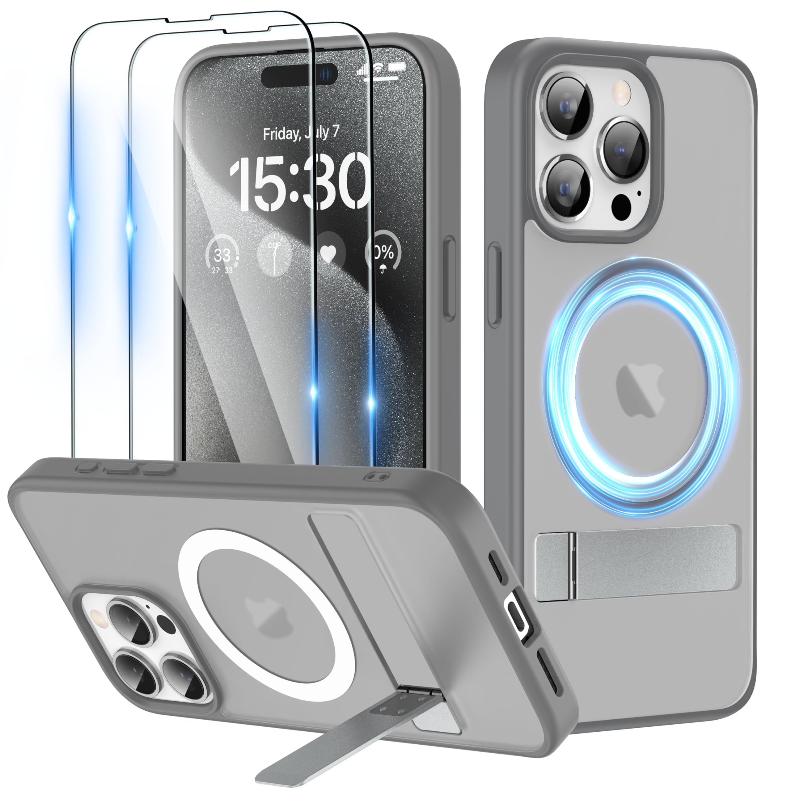 Custodia magnetica per Pro 2023 da 6,1 pollici, cavalletto sottile con pellicola protettiva per lo schermo, compatibile con Magsafe, antiurto, custodia trasparente per telefono (grigio)