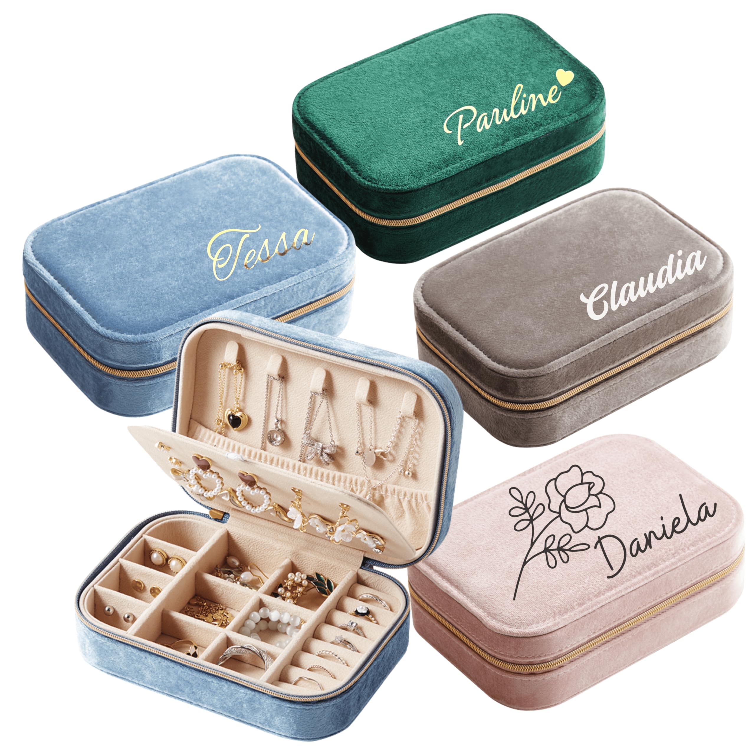 Personalisierte Schmuckkästchen mit Namen, Schmuckbox aus Samt, Reiseschmuckbox mit Reißverschluss, Schmuckschatulle für Frauen und Mädchen, Schmuckaufbewahrung Personalisiert, Schmuckkasten Reise
