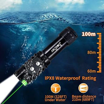 ARCHON J2 Diving Flashlight, 2-in-1 Scuba Dive Light with 1200 Lumens White Spotlight,1500 Meters Green Beam, Underwater 100 Meters Waterproof, Dual-Button Switch
