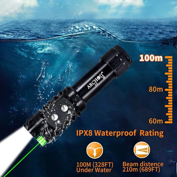 ARCHON J2 Diving Flashlight, 2-in-1 Scuba Dive Light with 1200 Lumens White Spotlight,1500 Meters Green Beam, Underwater 100 Meters Waterproof, Dual-Button Switch