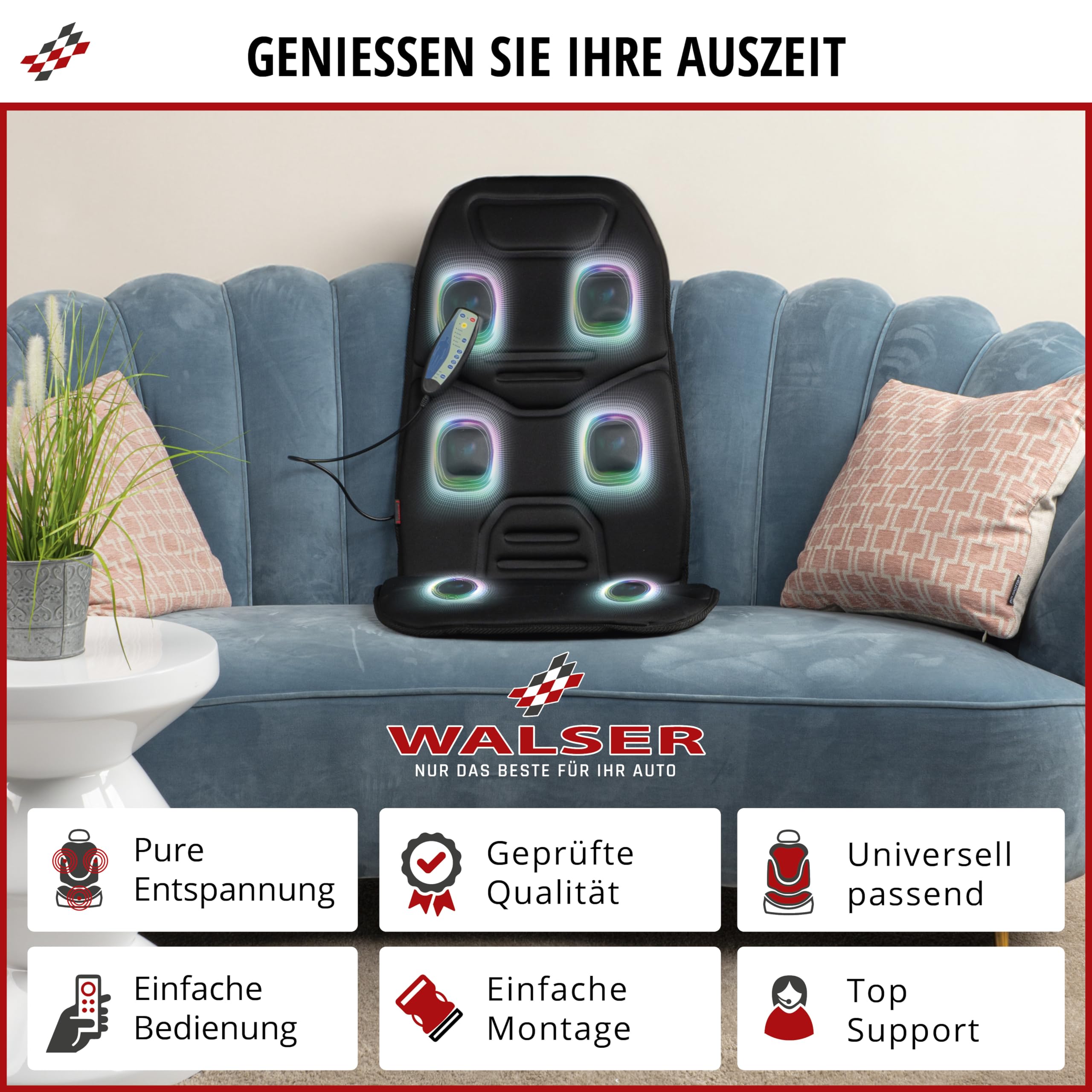 WALSER Massage Sitzauflage Auto Relax Drive, PKW Massagesitzauflage, Massagesitzauflage mit 5 Massage Programmen, Rückenmassagegerät Auto, Massageauflage für den Rücken, Massagegerät Autositz