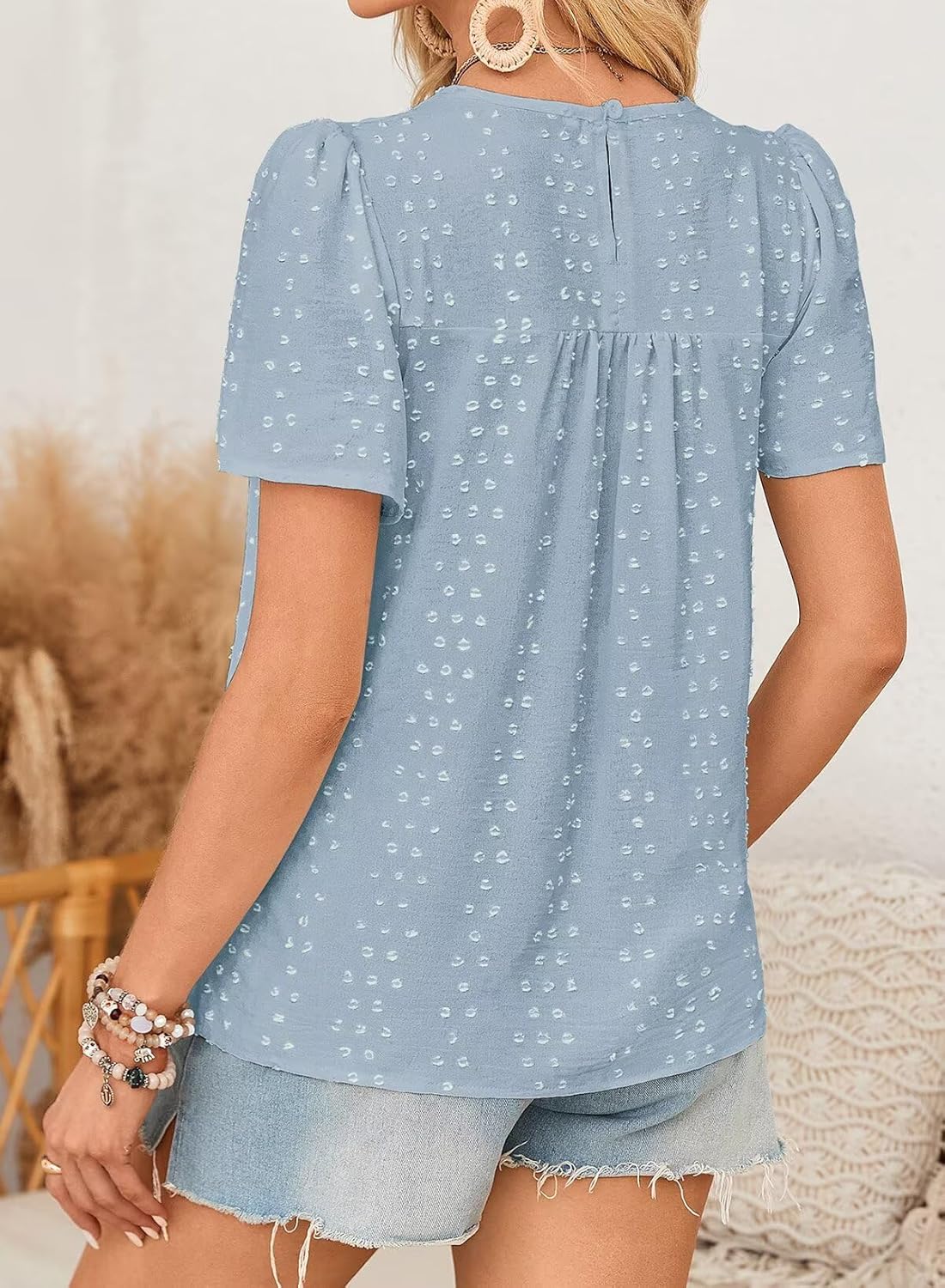 Womens Summer Tops Boho Crewneck Short Sleeve Shirts Floral Crochet Chiffon Blouses Flowy Casual Swiss Dot Clothing - Image 4