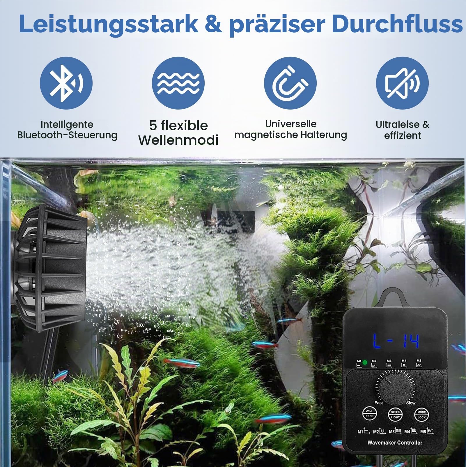 Wellenpumpe für Aquarium, Strömungspumpe Aquarium | mit 5 Modi & 10 Stufen, 12W Magnetische Strömungspumpe für Aquarien bis 80cm