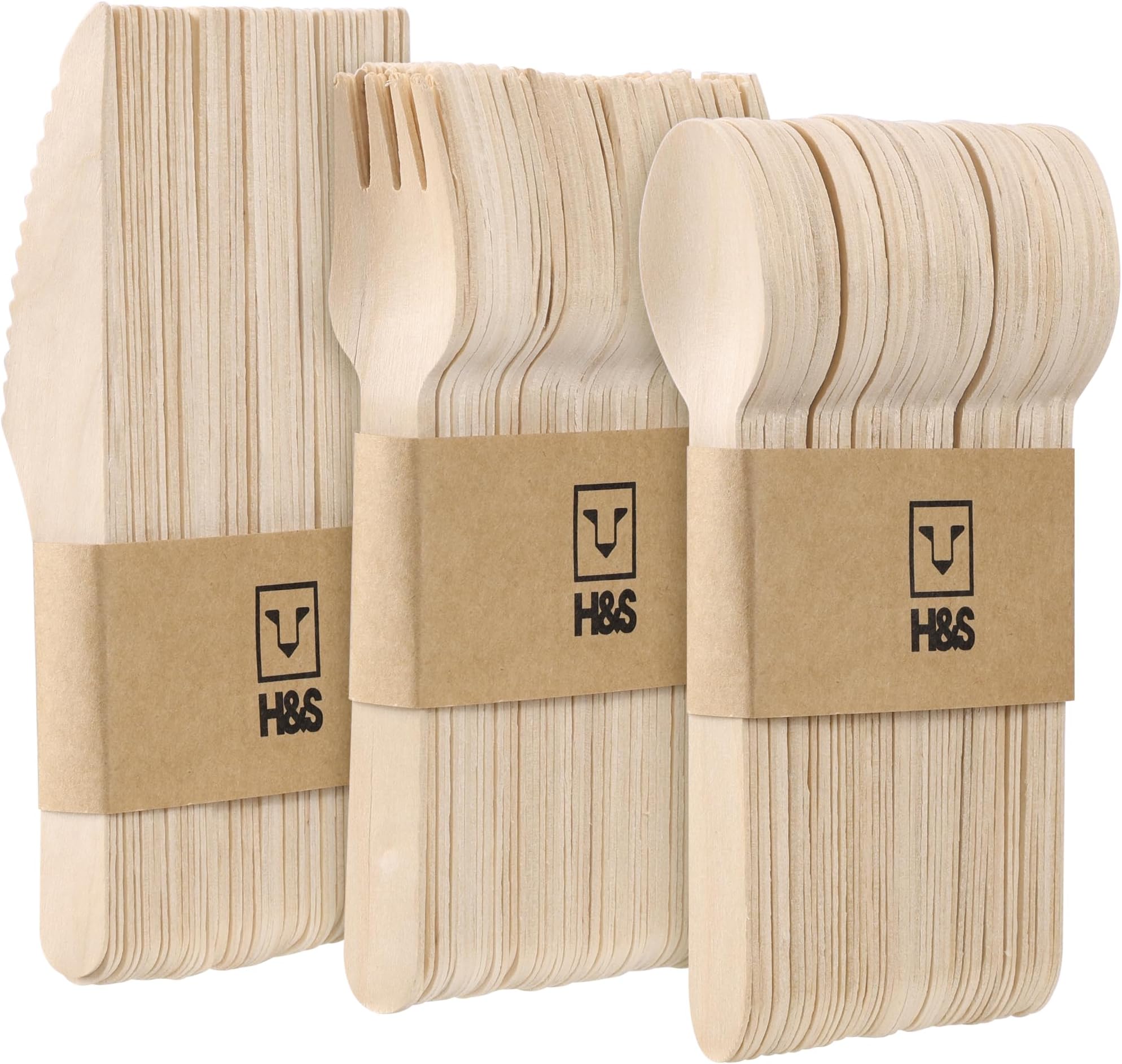 H&S Wooden Cutlery Set - Wood Spoon, Fork and Knife Set - Disposable Cutlery Alternative to Plastic Forks, Spoons, and Knives - Wooden Spoons, Knives, and Forks - 150 Piece Set