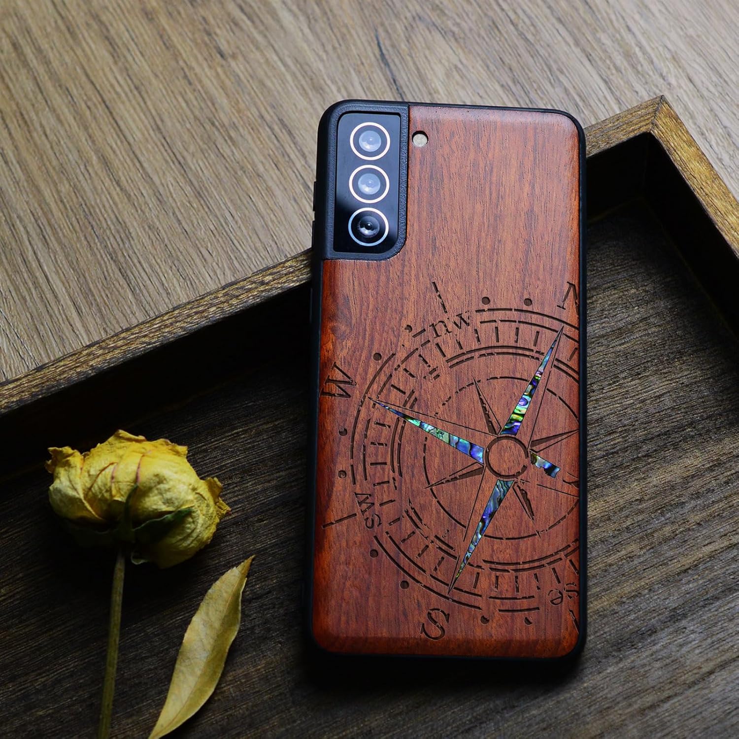 Carveit Designer Wooden Cover for Samsung Galaxy S22 Plus Case [Wood Engraving & Shell Inlay] Compatible with Wireless Chargers Galaxy S22 Plus (Compass-Rosy)