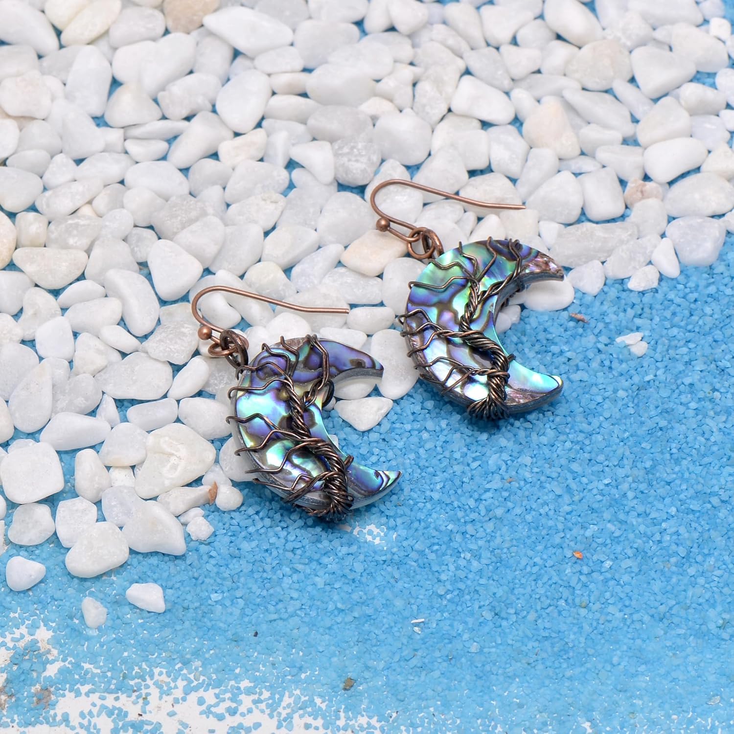 Handmade Moon shaped Abalone Shell Dangle Earrings for Women, Bronze Wire Craft Tree of Life Earrings - Image 3