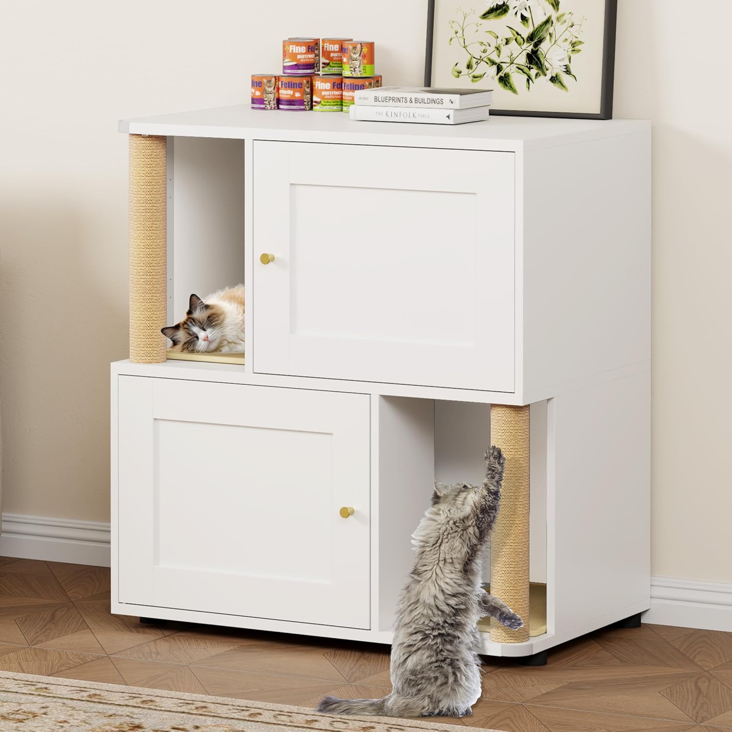 Cat Litter Box Enclosure for 2 Cats, Metal Hidden Double Litter Box Enclosure Furniture Cabinet with Cat Scratching Post, Large Pet Washroom Furniture, Indoor Pet House Side Table (White)