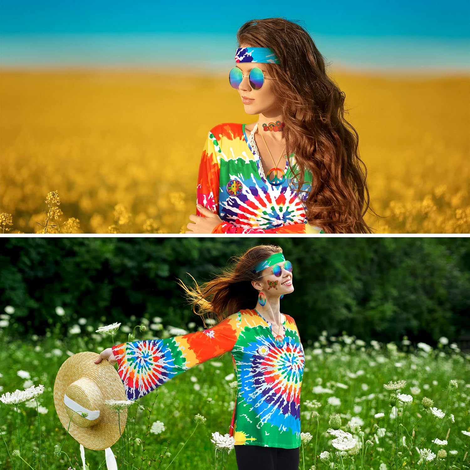 Jiuguva 17Pcs 60s 70s Outfits for Women Hippie Costume Set Disco Outfit Dress Boho Flared Pants Hippie Shirt Headband - Image 5