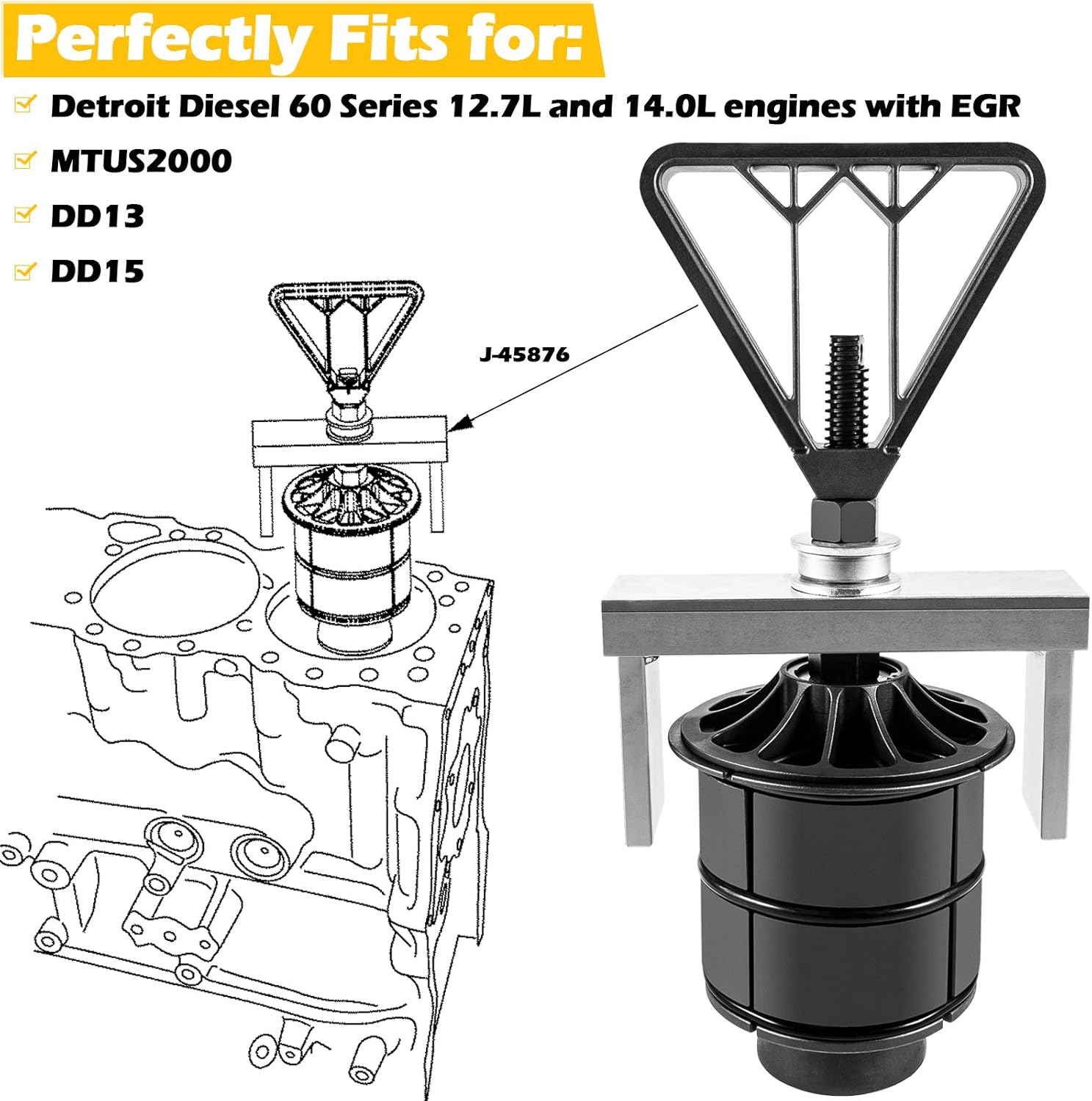 Bonbo J-45876 Cylinder Pack Liner Puller Remover Tool Perfectly Fits for Detroit Diesel 60 Series 12.7L EGR 14L MTUS2000 DD13 DD15 DD16 Heavy Duty Truck Engines, Compatible with OTC 5875