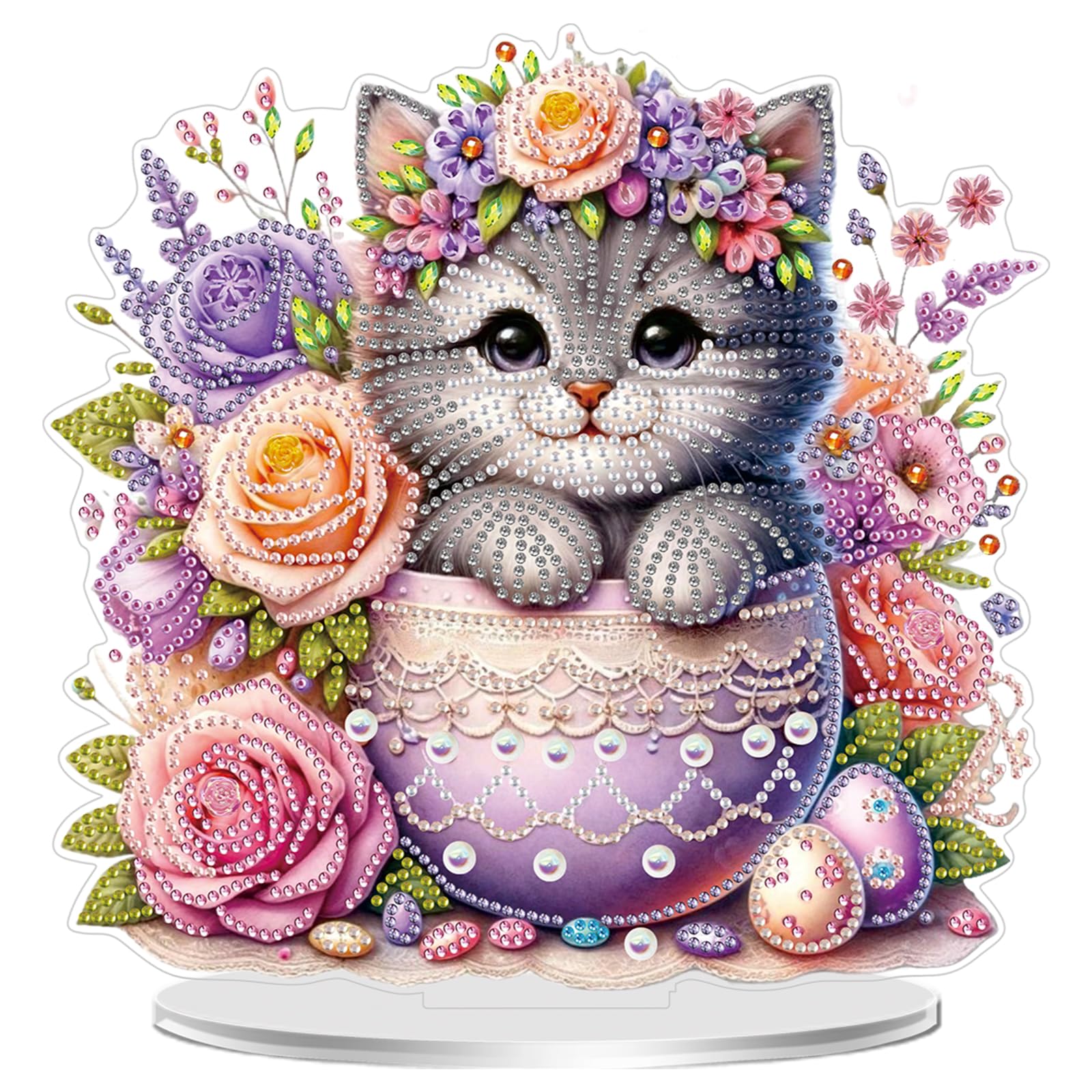 5D Diamond Art Painting Kits for Adults, Diamond Art Tabletop Ornament with Special Shaped Diamonds, DIY Desktop Decor Stand - Festive Holiday Craft Gift(Cat and Flower)