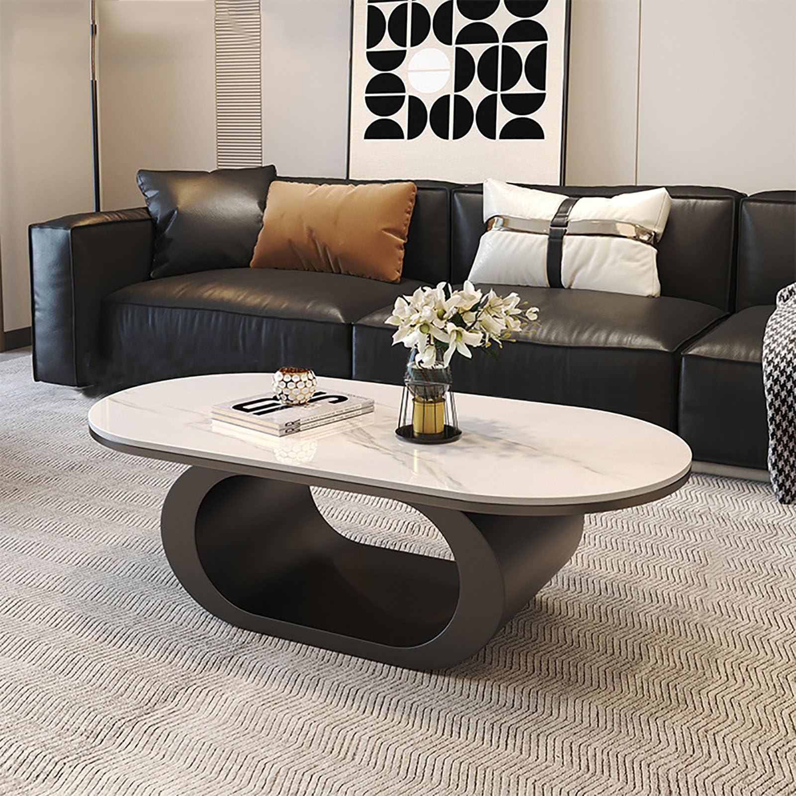 SXZenSpace 39" Oval Marble Coffee Table for Living Room,Modern Luxury Black Metal Base Center with Nesting End Home Decor,A,120x60x42cm(47x24x17inch)
