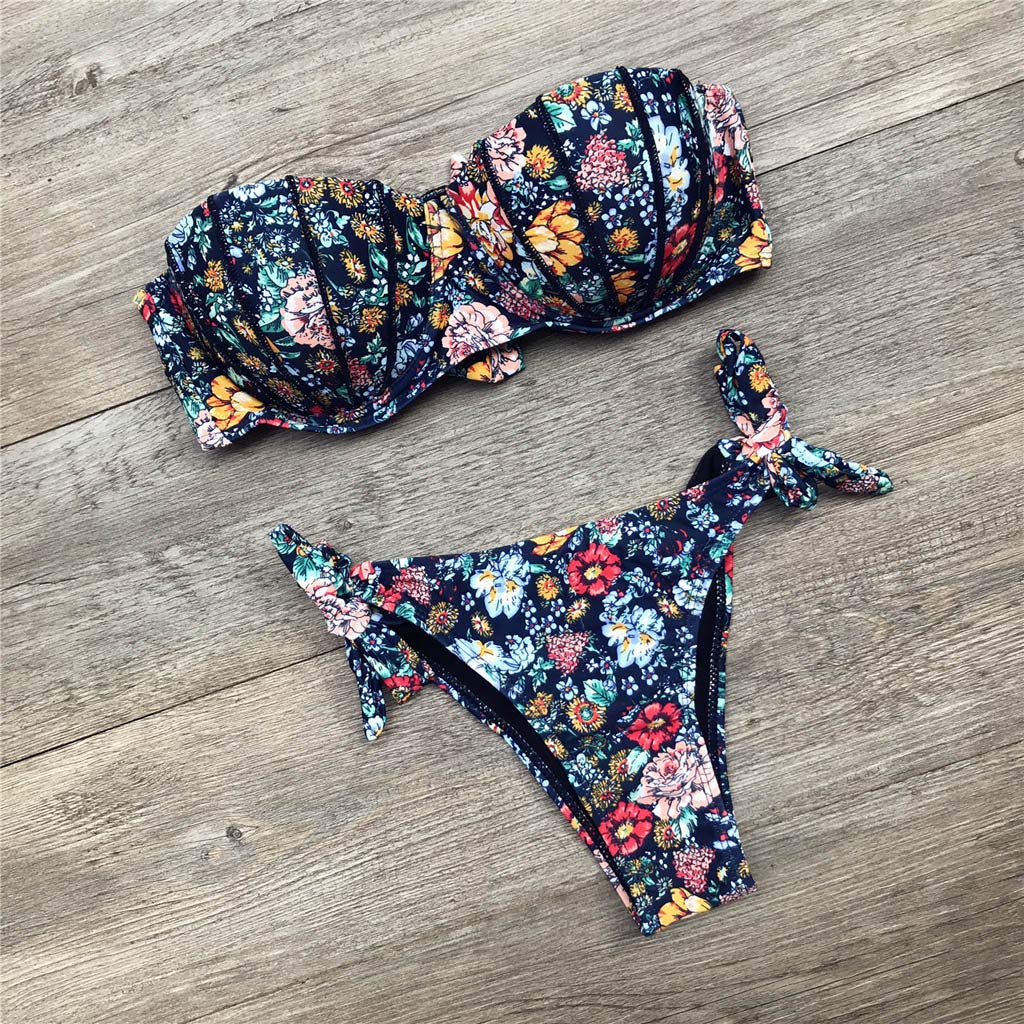 Conjunto de bikini para mujer, estampado en el pecho, a la moda, acolchado, sexy, flores, dividido, color azul marino, talla L