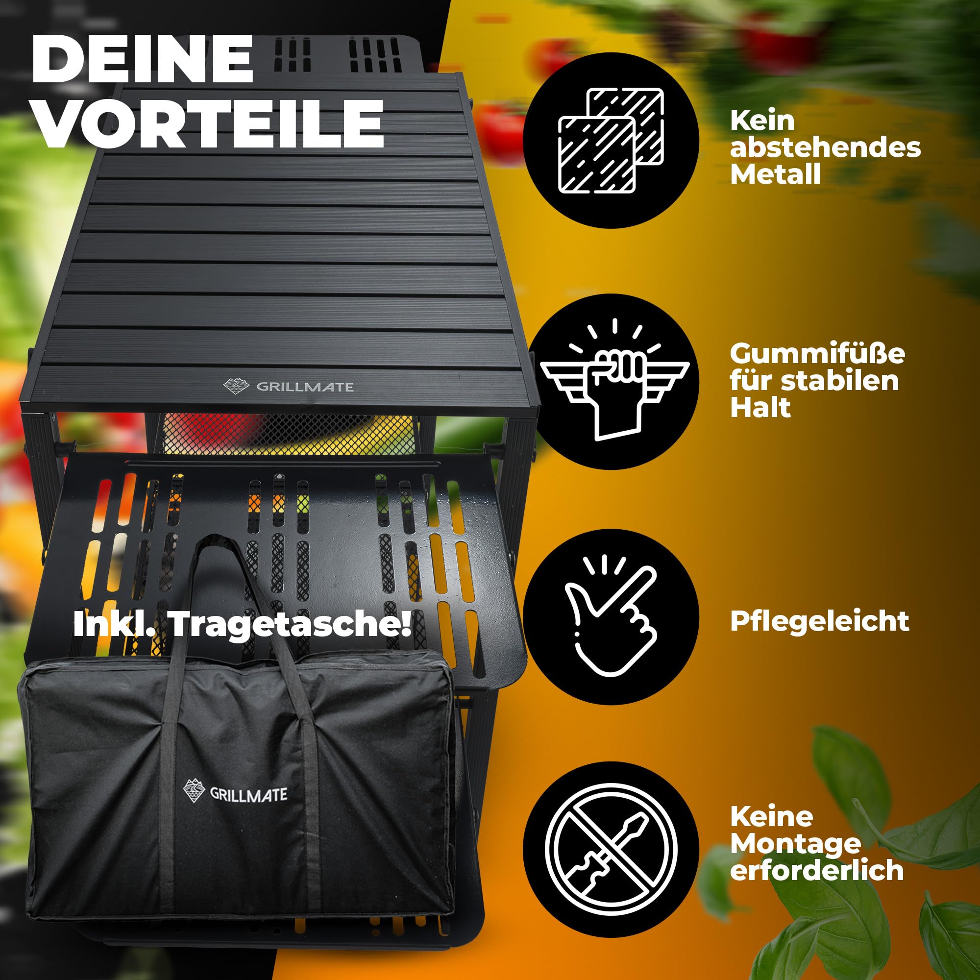 GRILLMATE Grilltisch Outdoor Wetterfest Klappbar | Grill Beistelltisch, Tisch für Grill, Balkon, Camping, Garten | Campingküche faltbar aus Aluminium Rostresistent [50kg Belastbar] inkl. Tragetasche