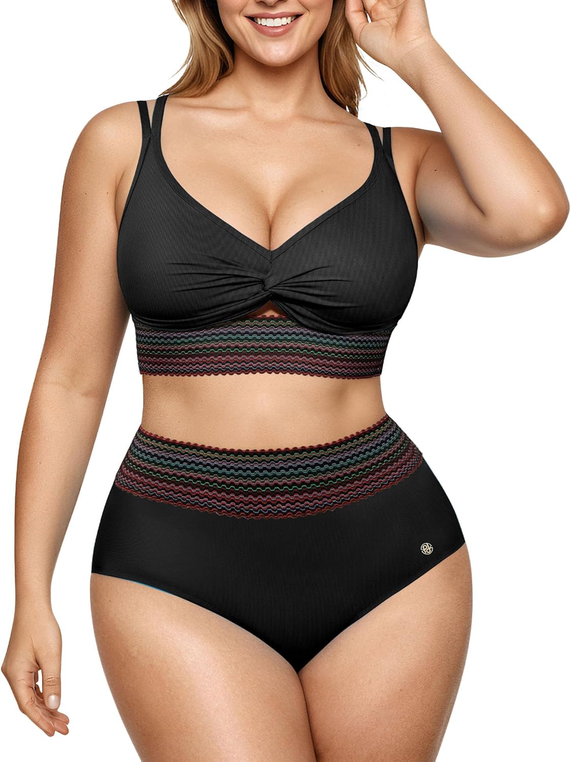 Popilush Tummy Control Swimsuits for Women - High Waisted Bikini Sets Shapewear with Boho Trim 4 Way Wear Pool and Beach
