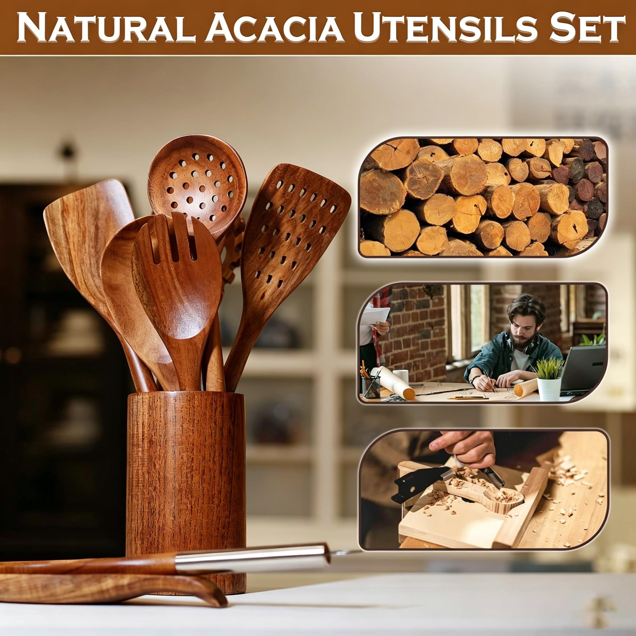 Cucharas de madera para cocinar, 10 cucharas de madera con mango de acero inoxidable, juego de utensilios de madera antiadherentes y espátula para accesorios de cocina del hogar, 10 ganchos