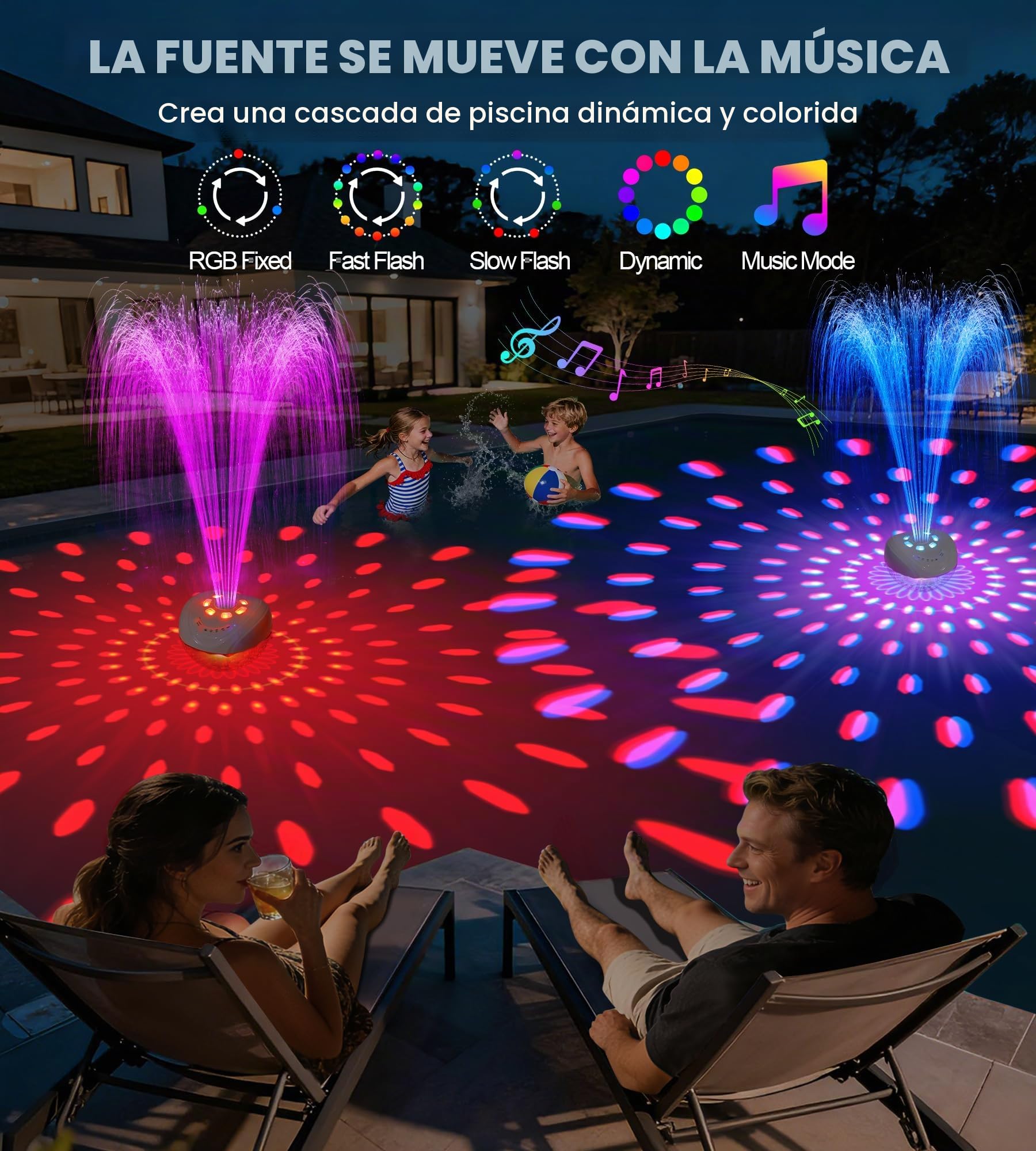 Luxfero 3 en 1 Altavoz Piscina Bluetooth con Fuente & Luces,Altavoz Bluetooth Flotante para Piscina,Altavoces de Impermeable IP68,BT5.4, 360° Sonido Estéreo Altavoz Bluetooth Potente,Fuentes Piscina