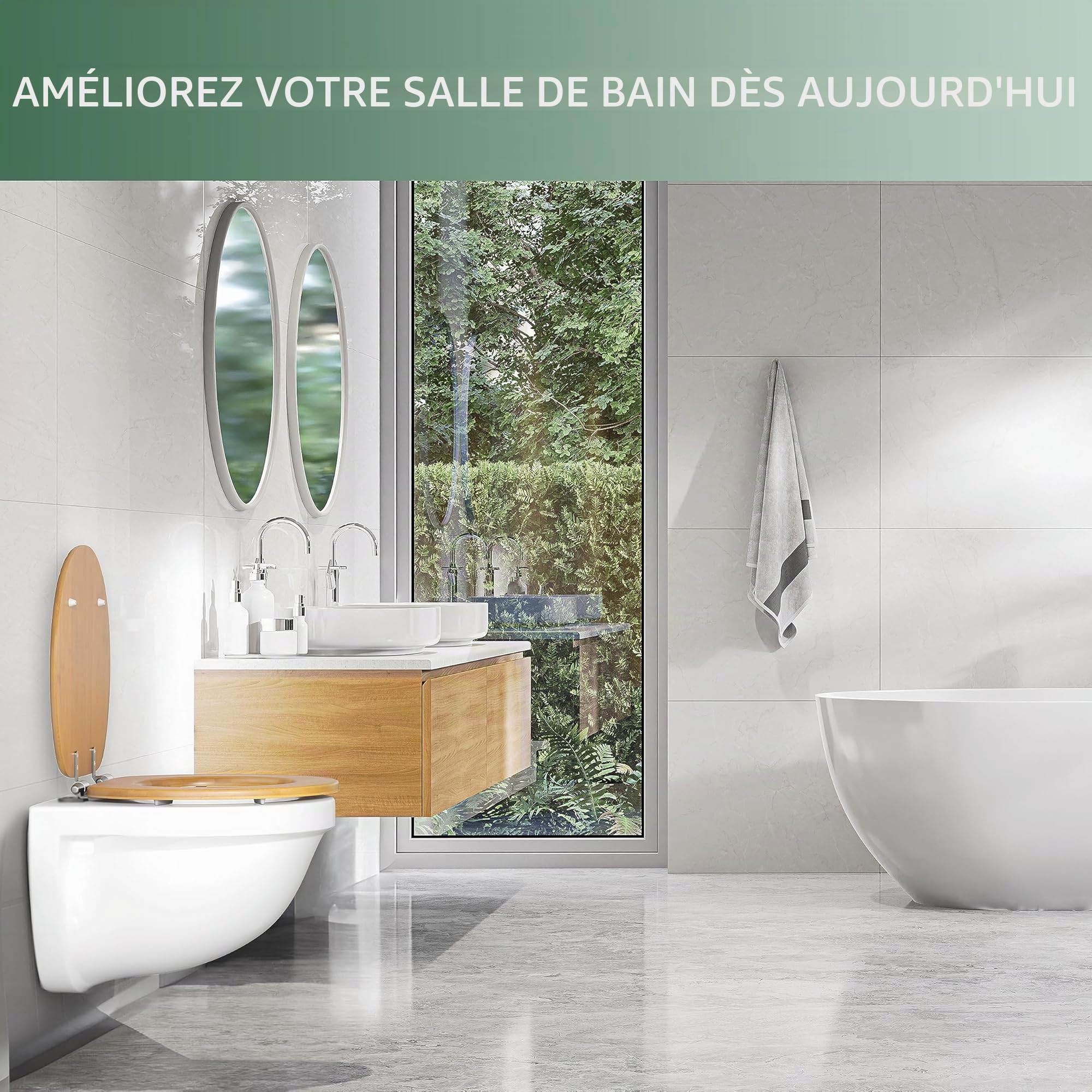 Benkstein® Abattant de WC en bambou avec système d'abaissement automatique - Abattant de WC antibactérien - Quick Release pour un nettoyage facile - Montage facile - Robuste et durable - Couvercle de