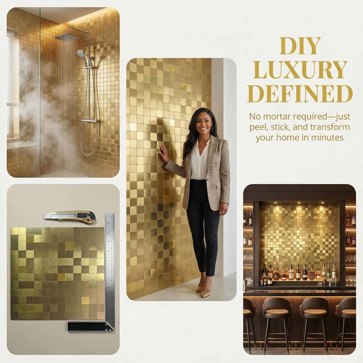 Waterproof Mosaic Wall Stickers - Self-Adhesive Cut-to-Fit Tiles for Bathroom, Kitchen, Heat/Slip Resistant Peel & Stick Backsplash DIY Decor (11.8x11.8in, 10pc) (10, Golden)