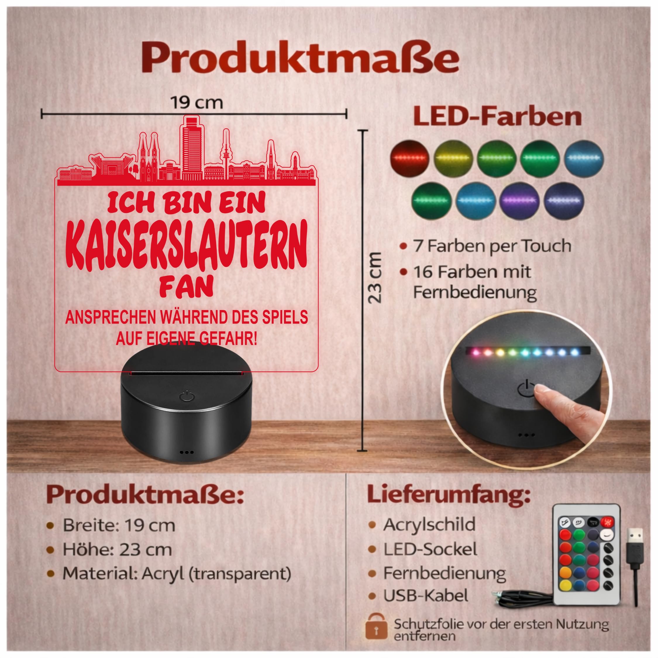 Lieblingsmensch Kaiserslautern Fan Fußball LED Nachtlicht – 3D Skyline Design „Ansprechen auf eigene Gefahr“ – RGB Farbwechsel mit Fernbedienung & Touch – Stimmungslicht für die Man Cave – 19x23cm