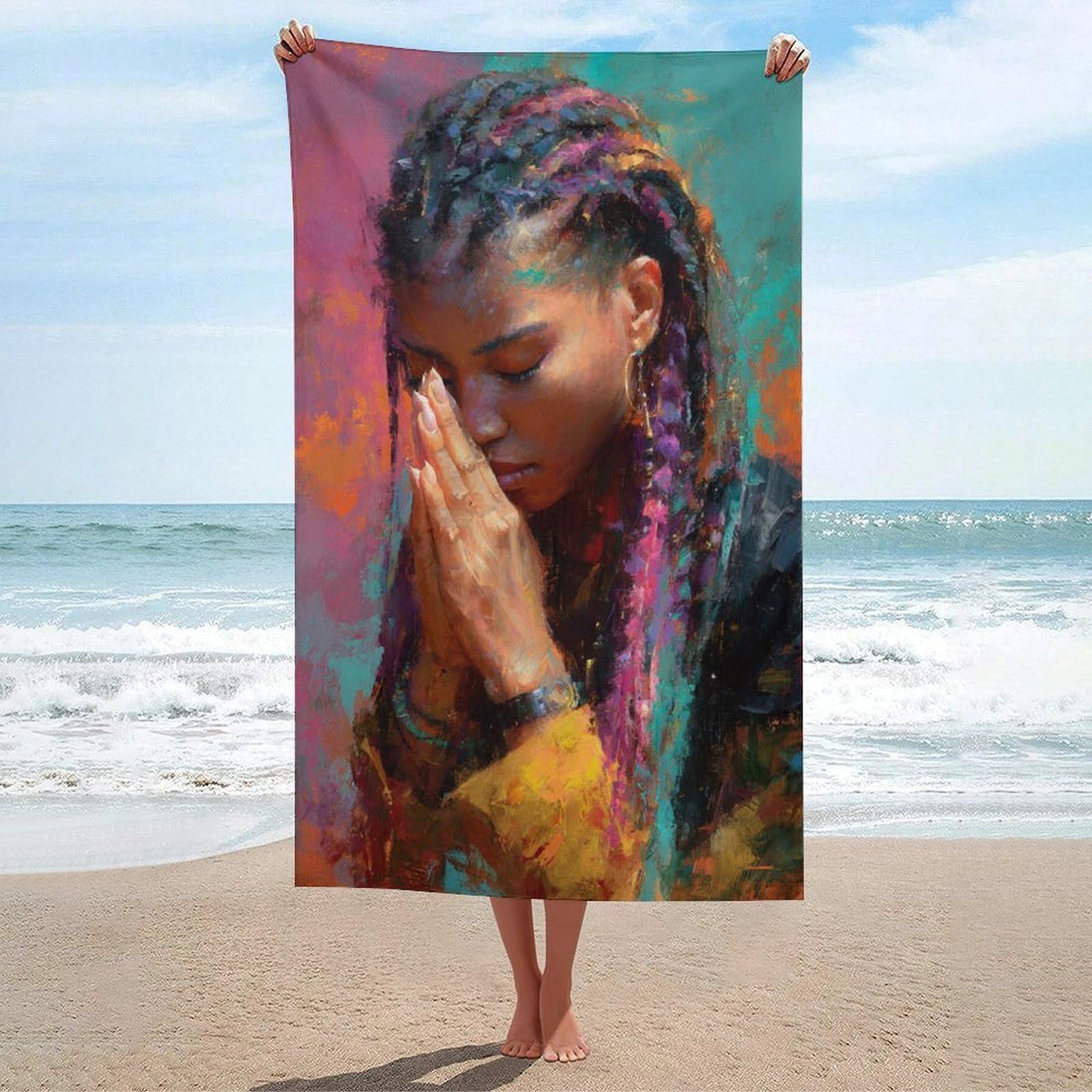 asbwuo Beautiful Black Woman in Prayer Beach Towel
