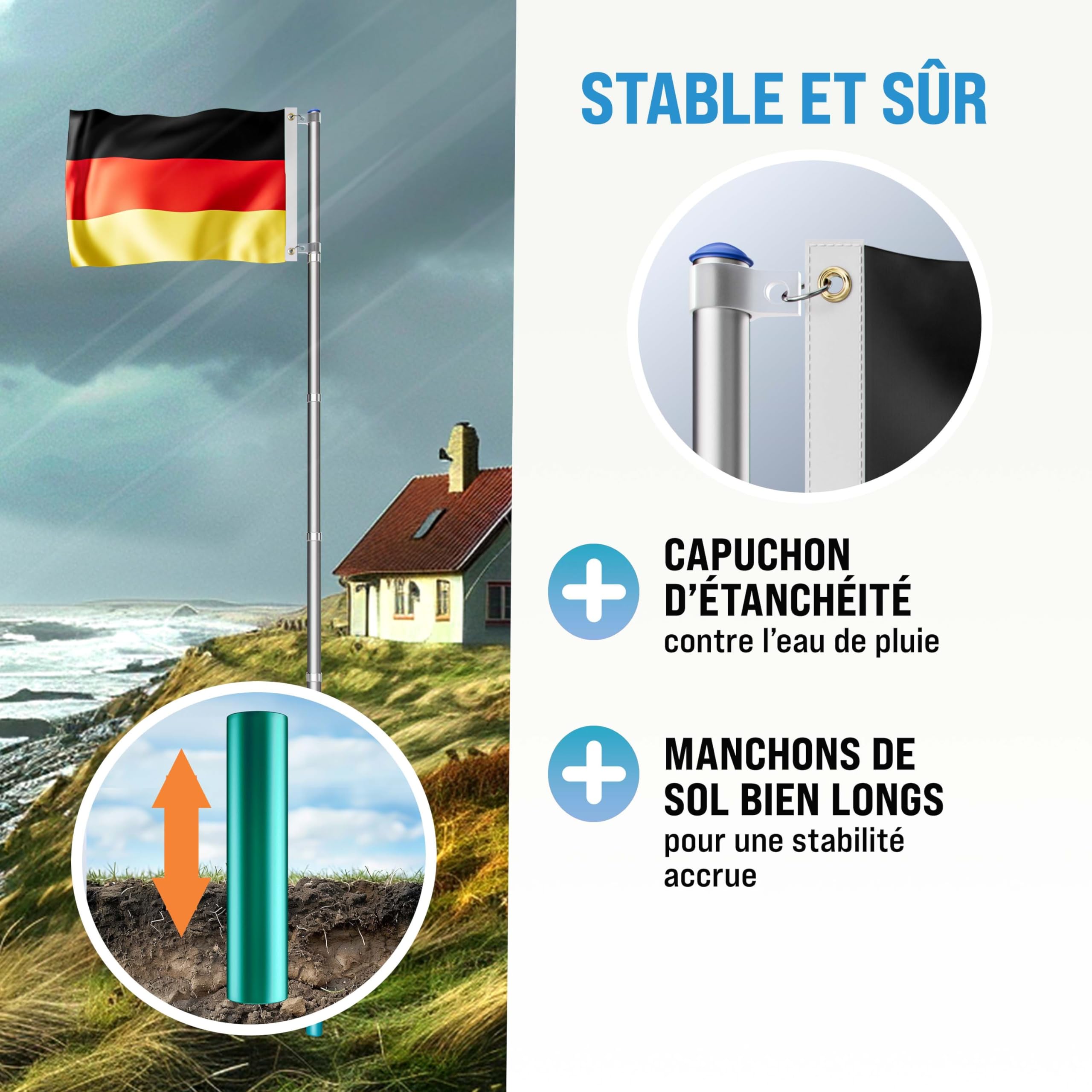 MONZANA® Mât de drapeau télescopique aluminium 6,3m douille de sol 60cm réglable hauteur jardin hampe national