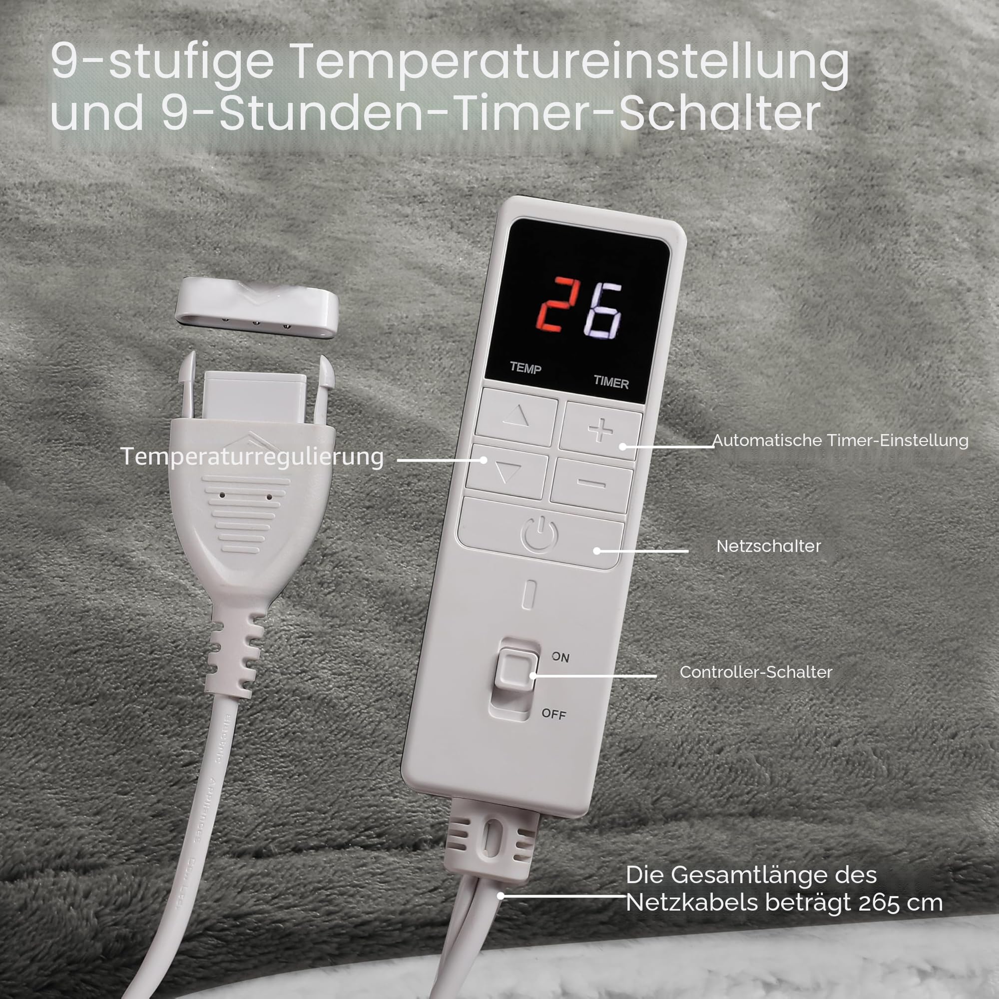 Wärmedecke Elektrisch Heizdecke mit Abschaltautomatik 130x160cm, Flanell & Baumwolle, 9 Wärmestufen & 9H Timer, Überhitzungsschutz, Weich hautfreundlich, Maschinenwaschbar Für Sofa/Bett, Hellgrau