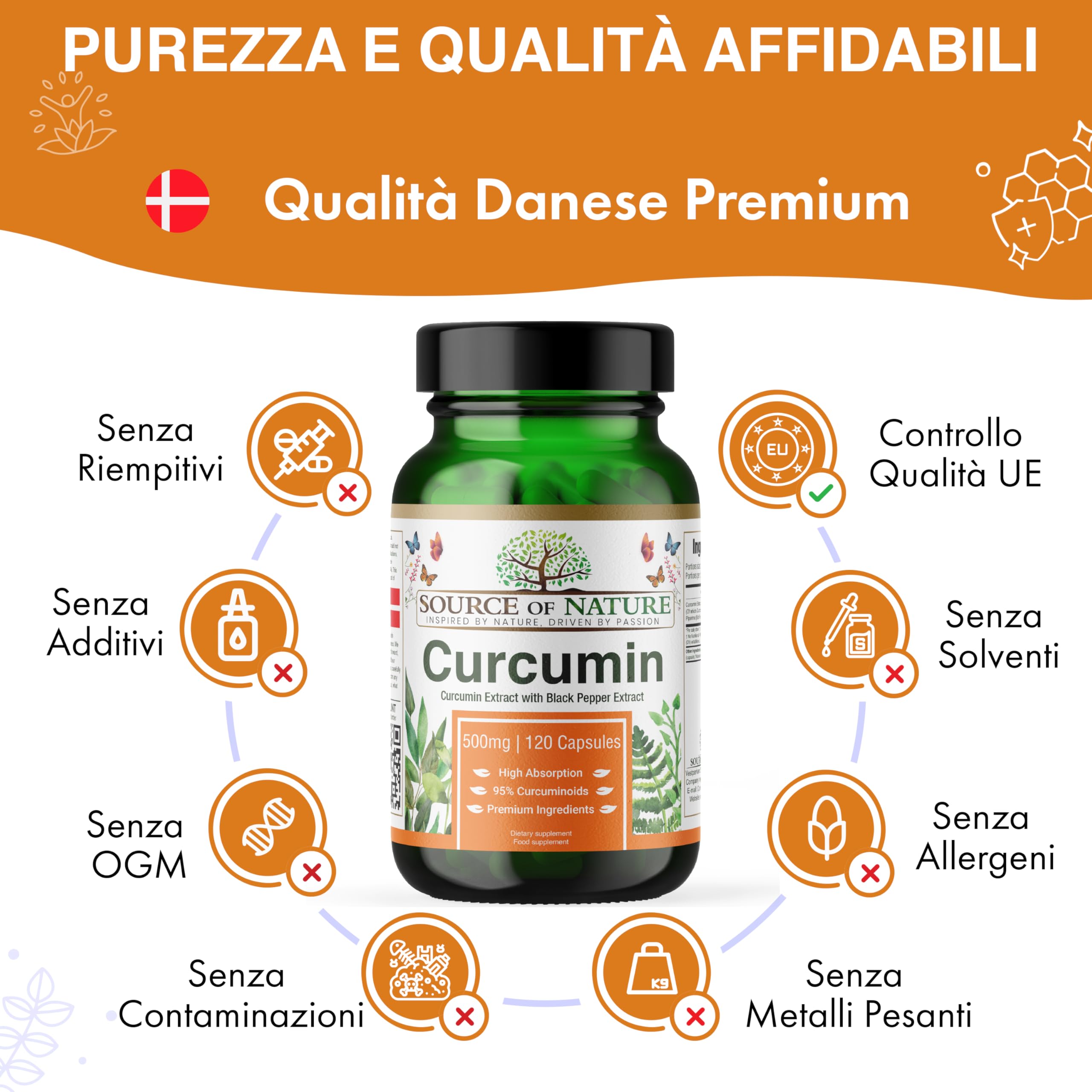 Source of Nature® | Estratto di Curcuma 500mg | 120 Capsule | +95% Curcuminoidi Puri | Prodotto nell'UE | Con BioPerine® (Estratto di Pepe Nero) per Assorbimento | Da Curcuma | Alta dose