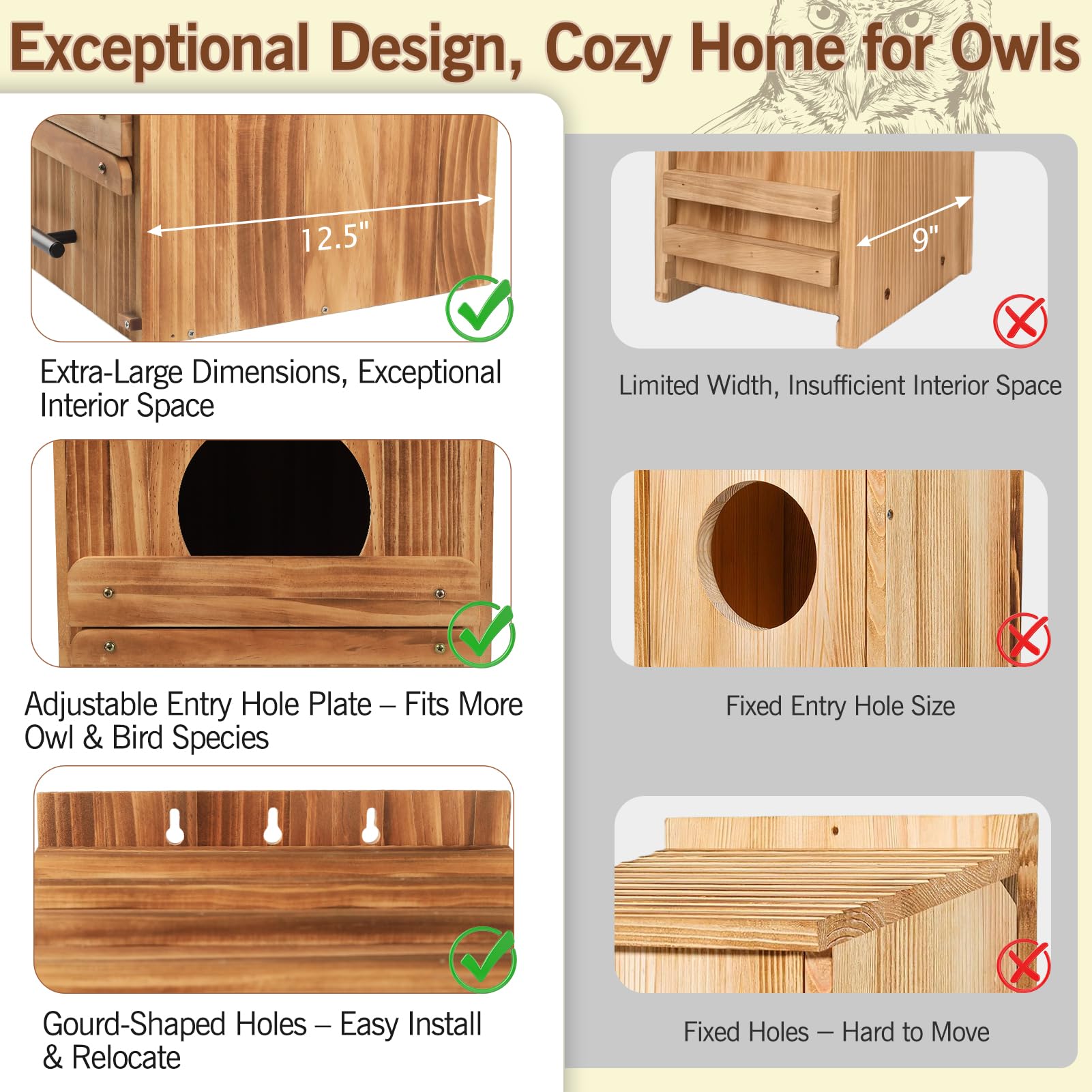 Grande casetta per esterni, 43,2 x 31,8 x 31,8 cm, in legno, per esterni, nido per uccelli, habitat per urlo, boreale, sega - Whet & Elf Owls