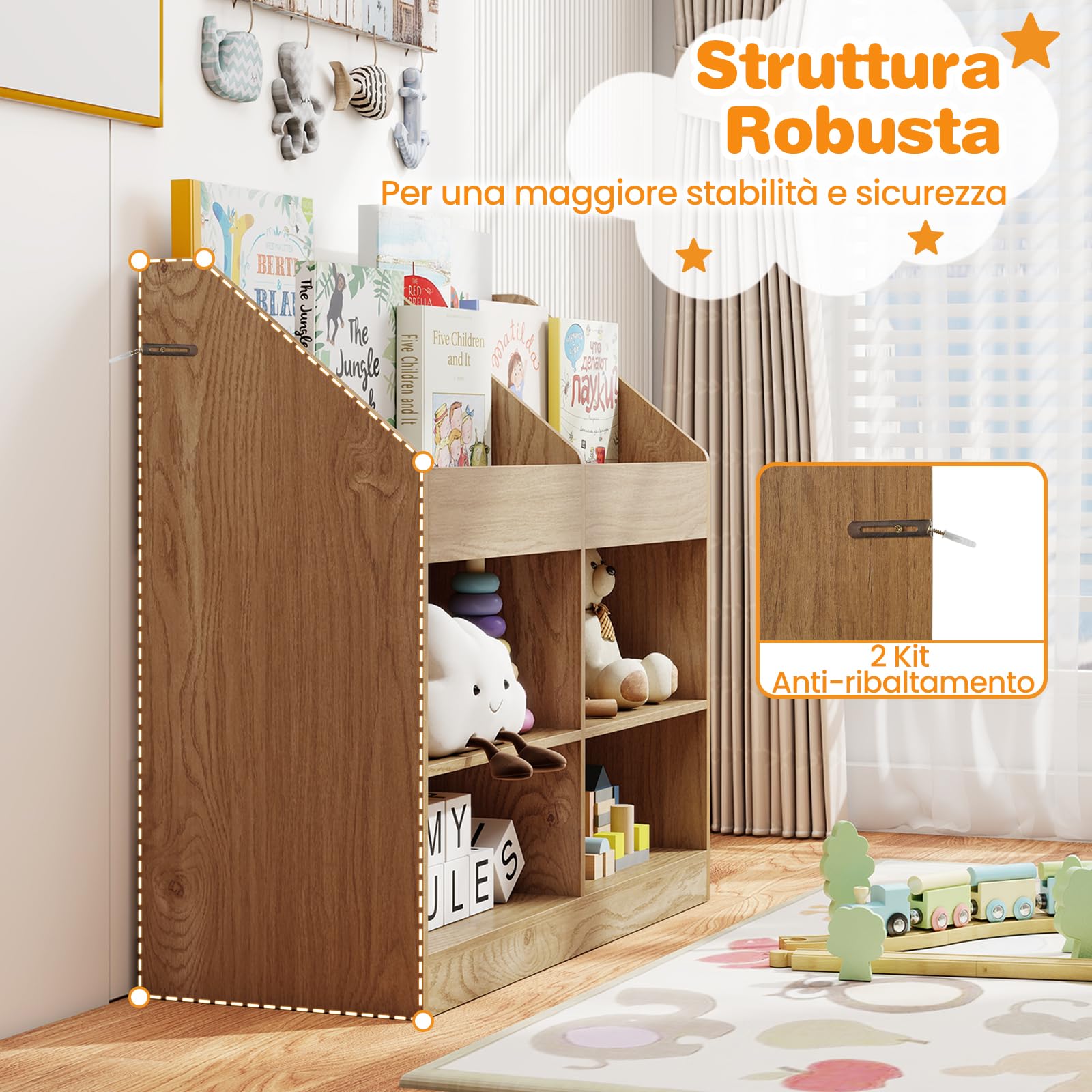 COSTWAY Libreria Montessoriana Porta Libri per Bambini, Scaffale Multifunzione con 4 Cubi e 4 Scomparti, Anti-ribaltamento, Salvaspazio per Cameretta e Stanza dei Giochi, 90x34x80 cm (Naturale)