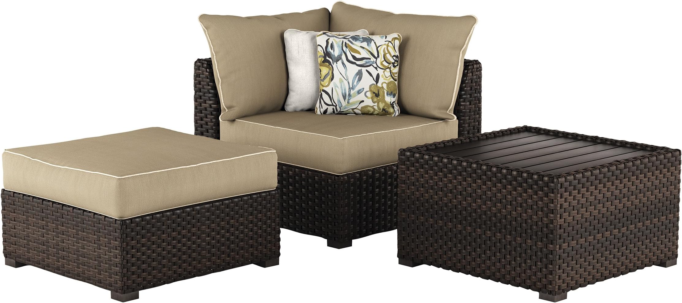 Ashley Furniture Signature Design - Spring Ridge Outdoor 3-Piece Furniture Set - Cocktail Table, Corner Chair & Ottoman - Beige & Brown