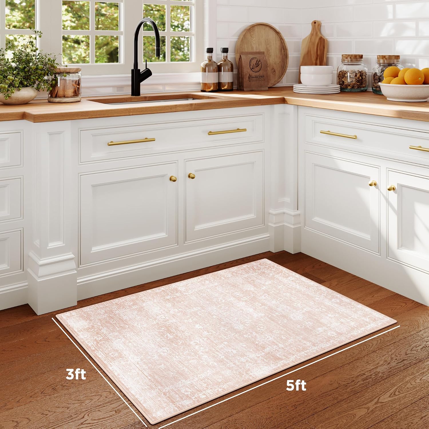 3x5 washable area rug for entryway, neutral boho small rugs for bedroom beside rug, laundry room, non slip low pile retro ultra soft faux wool carpet, light pink pink 3' x 5' (rectangular)