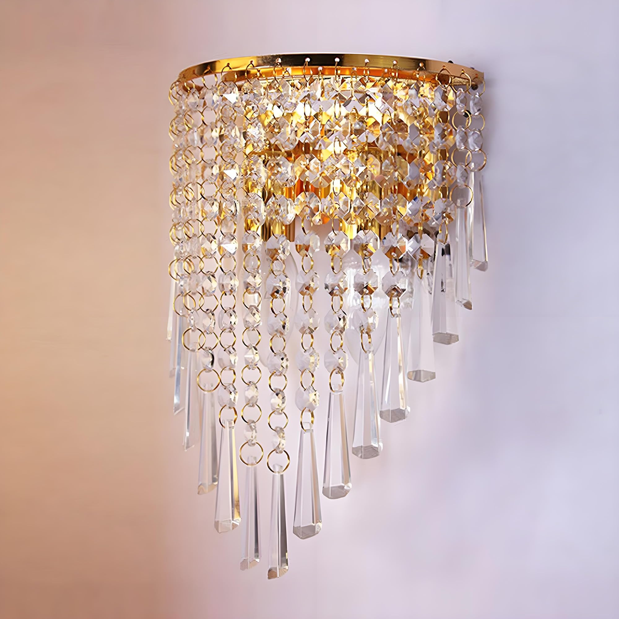 Lampada da Parete in K9 Cristallo - Presa E14, Applique da Interno Classico Europeo con Struttura in Acciaio per Camera da Letto, Soggiorno e Corridoio (18x28cm) - Oro