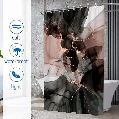 Miniatura 2 de Seorsok Cortina de ducha de mármol rosa dorado, cortina de ducha de lujo con degradado de mármol dorado y negro para decoración de baño, textura de