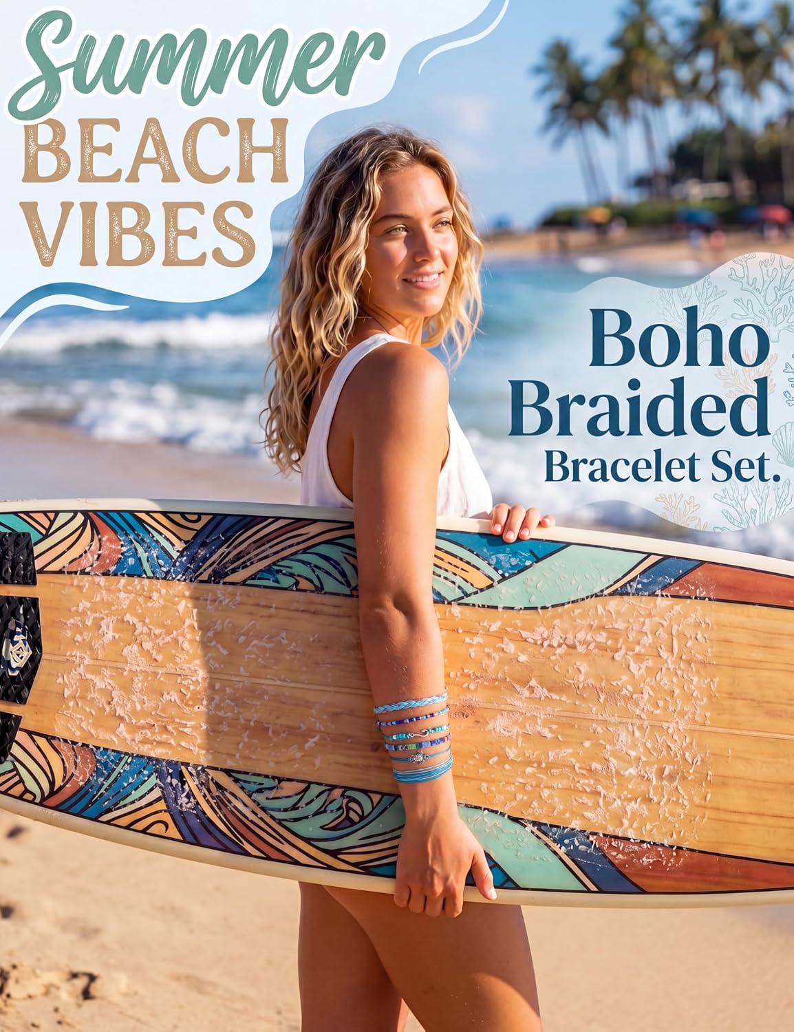 sailimue Surfer Boho Bracelets Adjustable Boho Ankle Bracelets for Women Stackable Braided Beach Anklet String Rope Ankle Bracelet Set Summer Beach Jewelry for Women