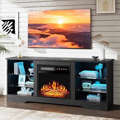 Soporte de TV con chimenea de 18 pulgadas de hasta 65 pulgadas, centro de entretenimiento de 58 pulgadas con luces LED, consola multimedia de TV con