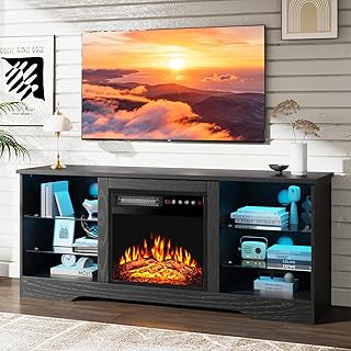 Fireplace TV Stand with 18" Fireplace Up to 65" TVs, 58" Entertainment Center with LED Lights, TV Media Console with Adjustable Glass Shelves and Storage Cabinets for Living Room, Black