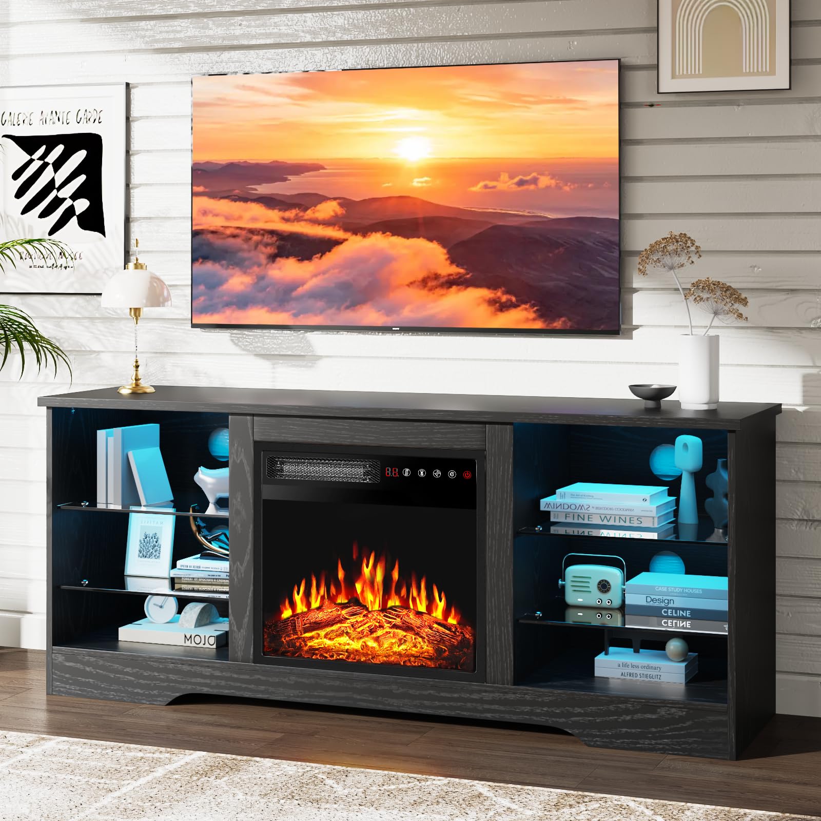 PRETZI Fireplace TV Stand with 18" Fireplace Up to 65" TVs, 58" Entertainment Center with LED Lights, TV Media Console with Adjustable Glass Shelves
