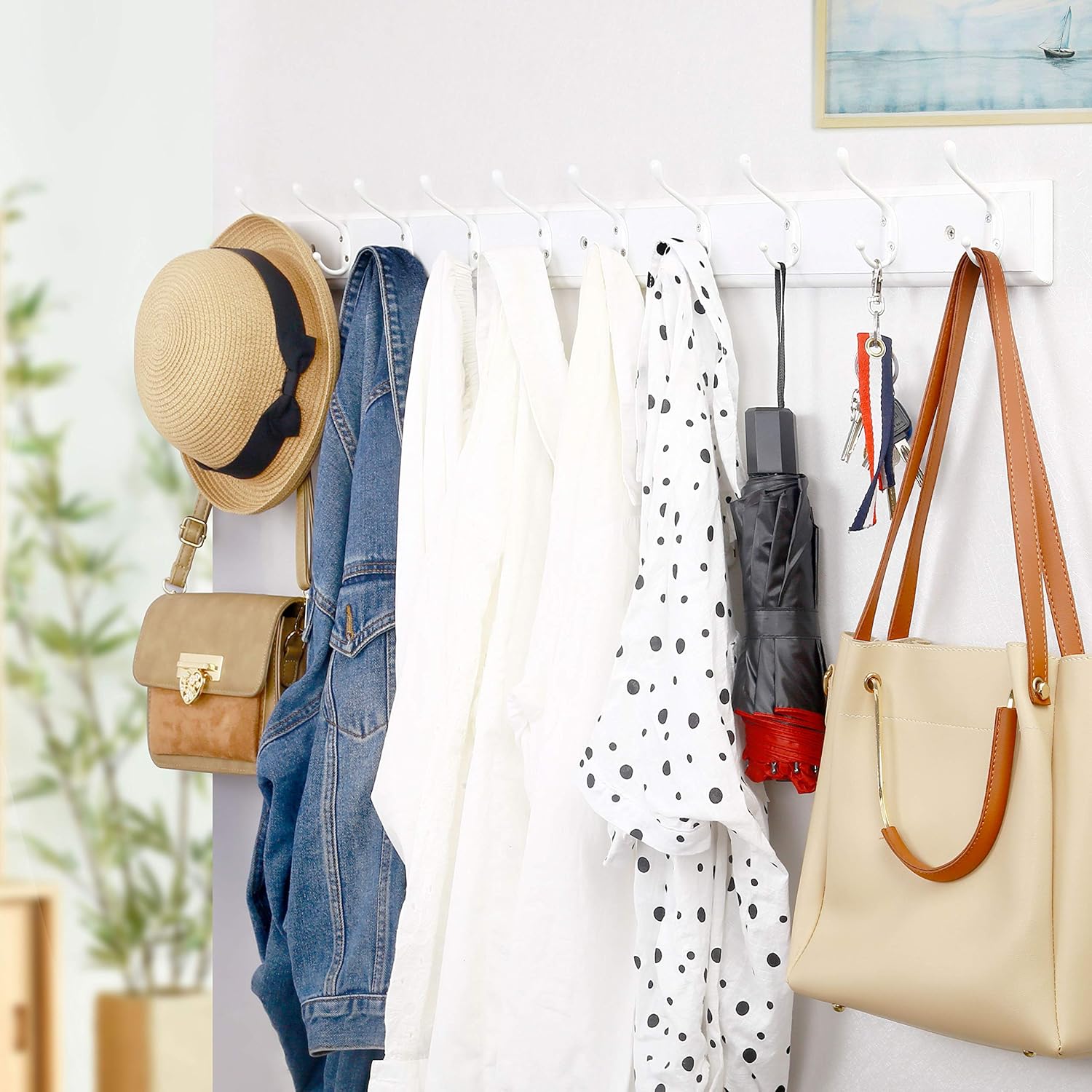 WEBI Coat Rack Wall Mounted,38 1/4’’ Long,10 Hooks,Wood Coat Hooks Wall Mounted,Coat Hanger Wall,Hook Rack Rail,Hooks for Hanging Coats,Clothes,Jacket,Hats,White