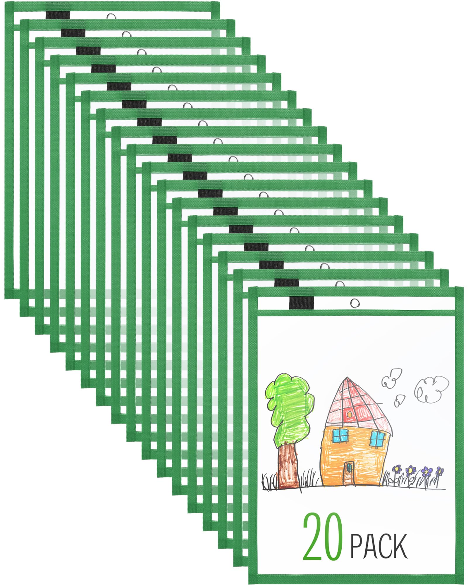 Nezyo Dry Erase Pockets Plastic Job Ticket Holders Shop Holder Order Pockets Clear Sleeves Tickets Folders Plastic Sleeves Paper Teacher Supplies for Classroom(14 x 10 in,Dark Green,20 Pcs)