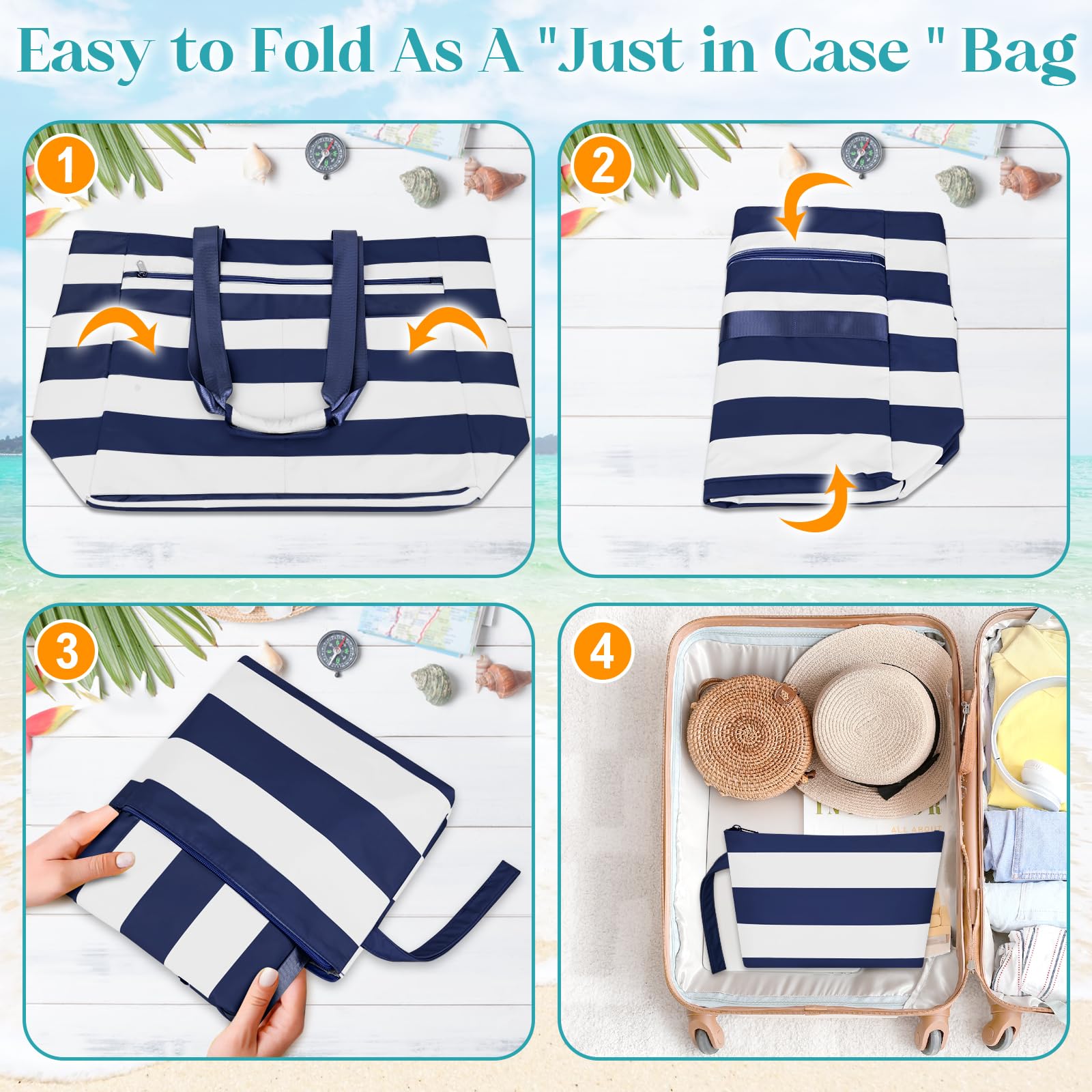Sac de Plage Femme Imperméable, Grand Sacs Plage XXL avec Fermeture Éclair, Ete Sac de Voyage, Anti Sable Sacs de Piscine, Sac Cabas Tote Bag pour Travail Voyages Shopping 55L