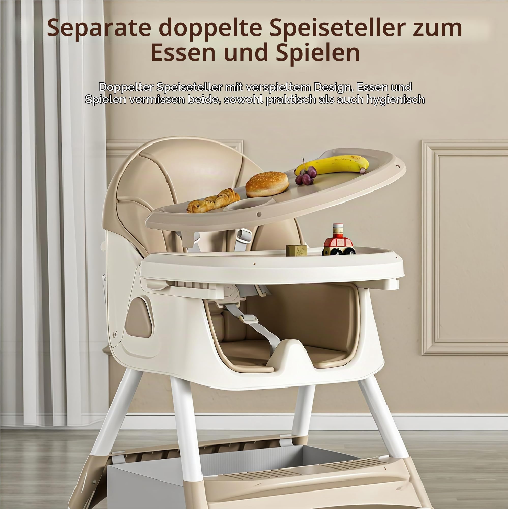 Magic ZC Baby Hochstühle Baby-Hochstuhl Kleinkind-Esszimmerstuhl mit Schwingmodus und 3 Liegepositionen mit abnehmbaren Doppelplatten und Rädern mit bequemer Lagerung (560 Khaki)
