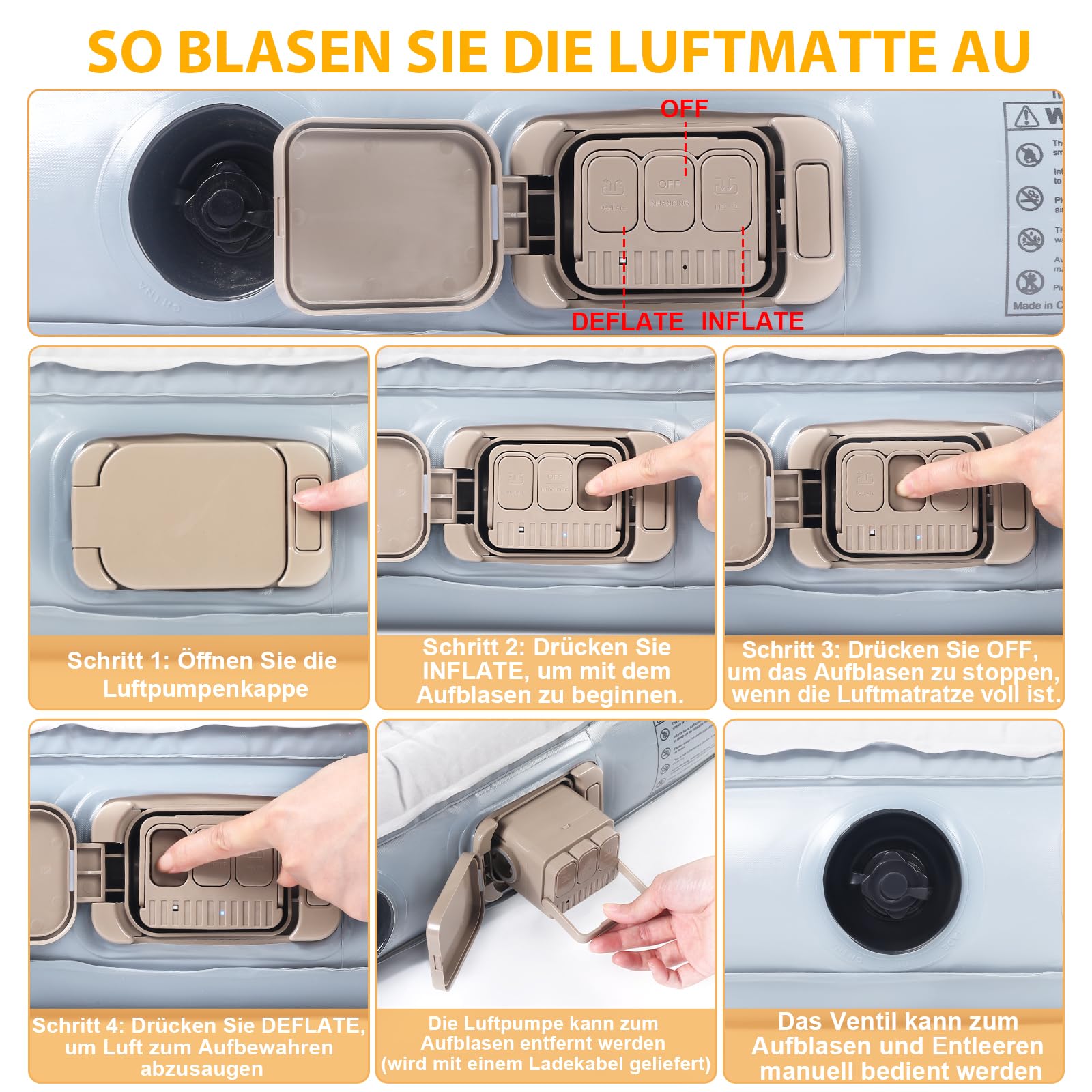 KMZ SUV Luftmatratze mit eingebauter elektrischer Pumpe - Verdickte und geflockte Auto-Bettmatratze für Reisen und Camping - 300 kg Tragfähigkeit - Grau