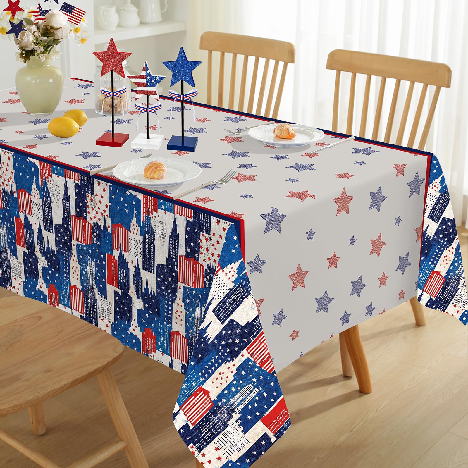 Honellaty 4th of July Rectangular Tablecloth 52×70 Inch, Patriotic Memorial Day Blue Red Star Independence Day Retro Holiday Table Cloth for Dining Party Picnic