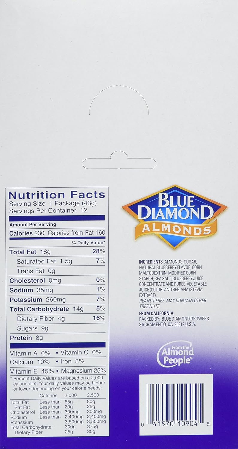 Blue Diamond Almonds, Blueberry Flavored Snack Nuts, Single Serve Bags (1.5 Oz. Tubes), (Pack of 24)