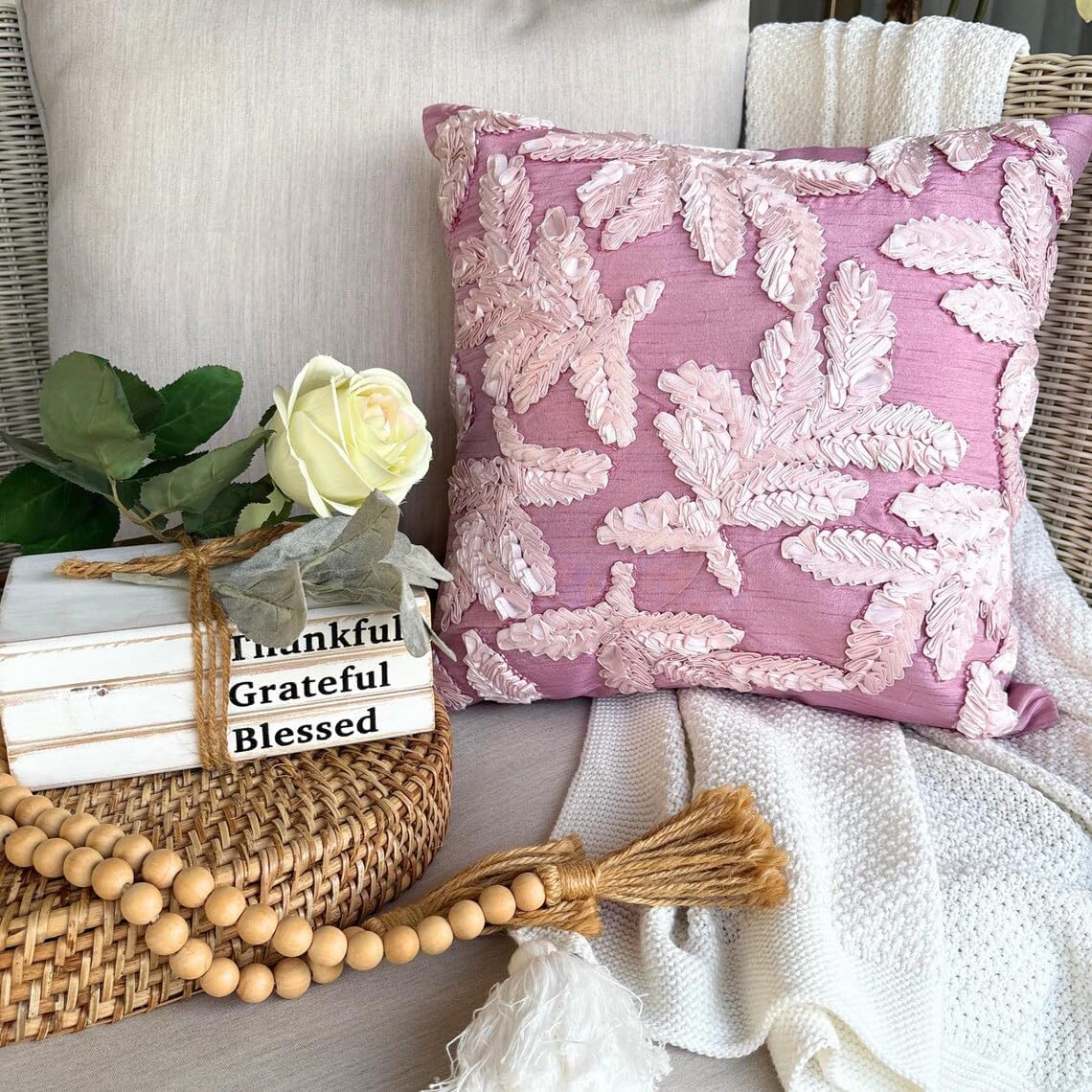The HomeCentric Euro Pillow Sham, Pink European Sham Covers 26x26 inch (65x65 cm) Silk Euro Shams, Nature & Floral, Leaf, Ribbon Embroidery, Modern Euro Sham Covers Easter - Leafy Pink