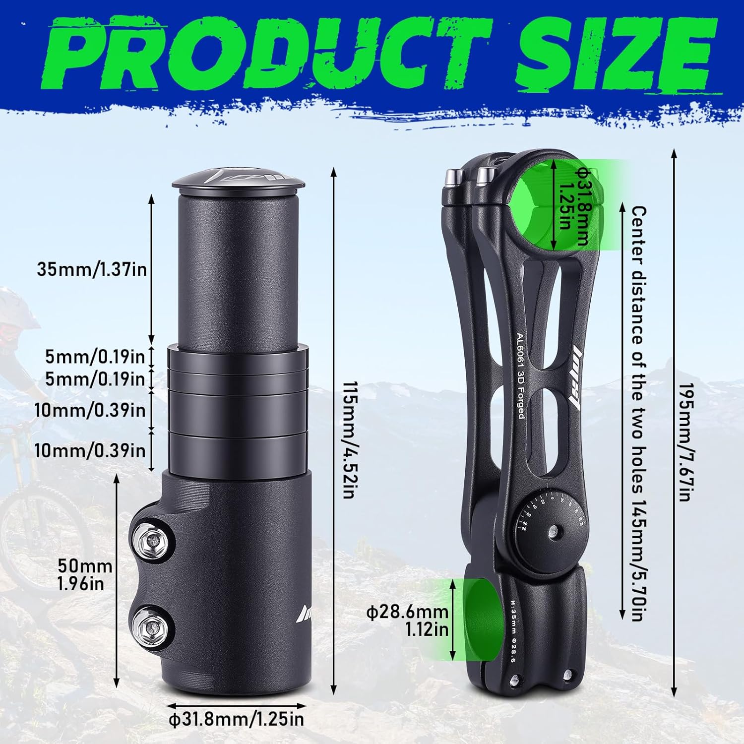 TOBWOLF Bike Stem Riser & Adjustable MTB Bicycle Stem, Universal 31.8mm Bike Stem, ±90 Degree Handlebar Stem for Angle Adjustment, 28.6mm Bike Fork Stem Extender for E-Bike Road Bike BMX Bicycle