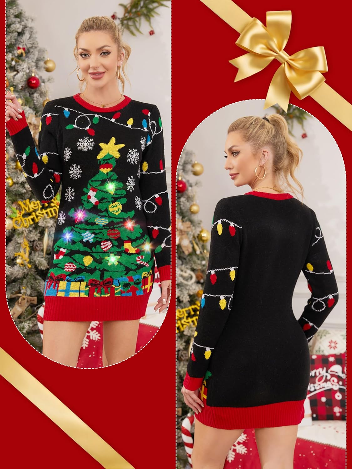 SOMSOC Ugly Christmas Sweater Dresses for Women 2025 Light Up LED Funny Reindeer Knit Pullover Dress Xmas Holiday Party - Image 5